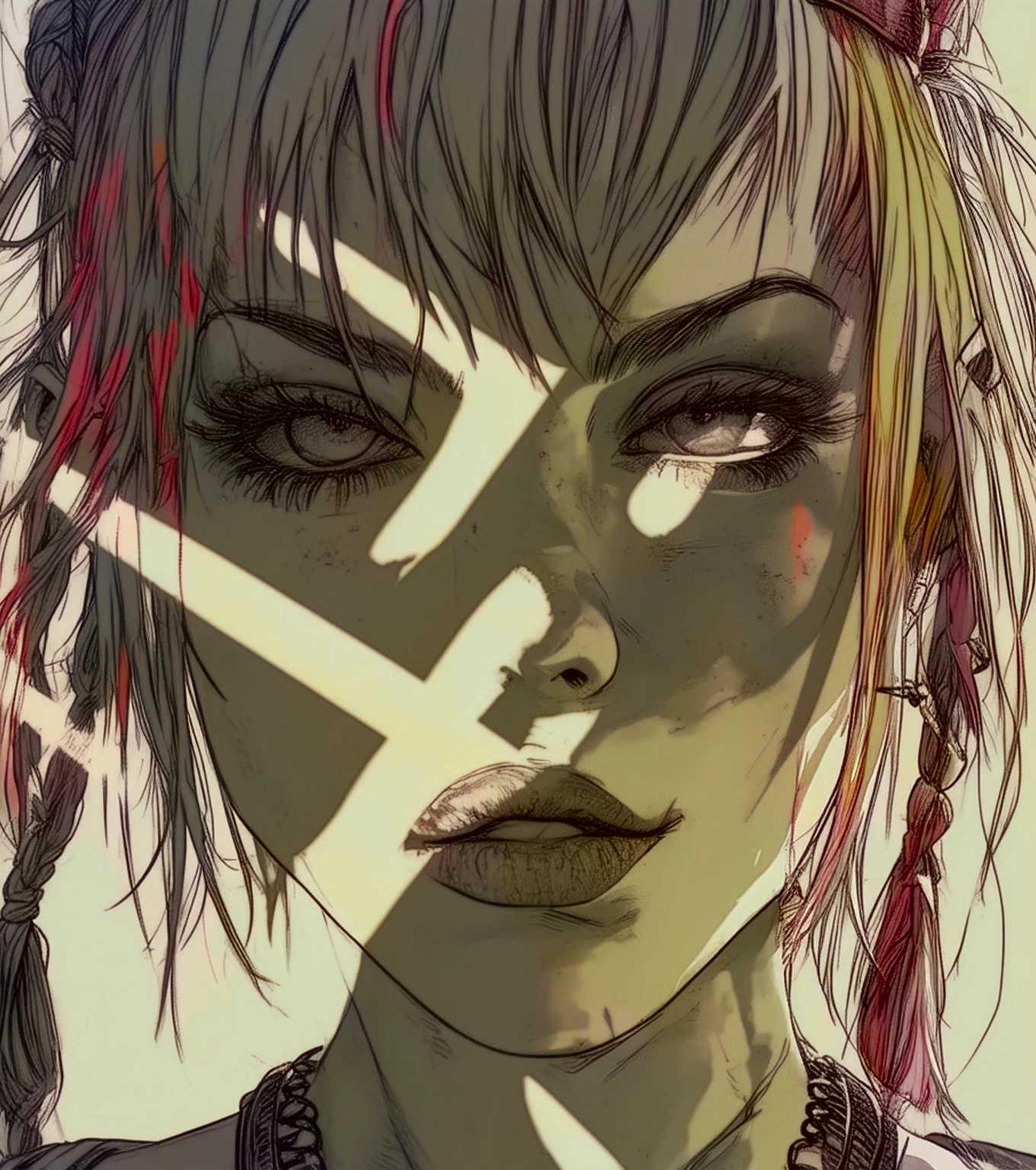 Tank Girl (jamie hewlett style reference), upclose zoom, portrait, candid, close-up of face, hand drawn, cartoon, animated, 1990's comic, (full roygbiv color) ink charcoal expressive illustration, no light source, darkness, light mask uv rays across face, absurd, with rich color grading, cel shading, warm and unified colors, rotoscope, animated, VHS, glitch, distorted, nostalgia, 90's retro vibe, hyper maximal, strange, hyperrealistic, rotoscope expressive ink bold line hand drawn, in a cinematic style, s, analog tape, vcr aesthetics, tv, television, hand drawn, minimal, precise,