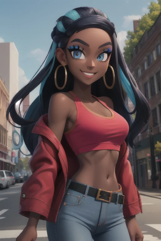 masterpiece, best quality, (Detailed face:1.2), (Detailed eyes:1.2), solo, 1girl, nessacasual, dark skin, makeup, smile, looking at viewer, standing, opened red jacket, white tank-top, ((midriff)), medium breasts, cleavage, tight blue denim pants, belt, hoop earrings, outdoors, city street
