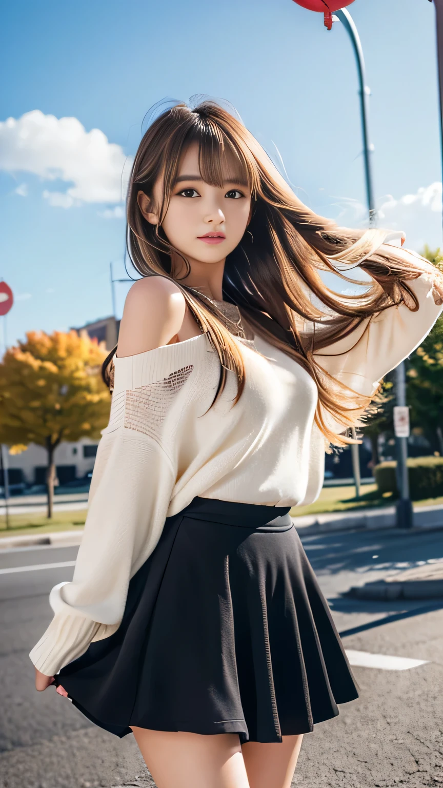 Cute autumn outfit coordination、Sexy Big 、A cute 15-year-old girl with a sexy and cute look, beautiful and sexy face、A strong wind blows my hair in front of my face、With straight blonde hair、beautiful, Cute and sexy eyes hidden behind long bangs、Cute colorful tulle mini skirt