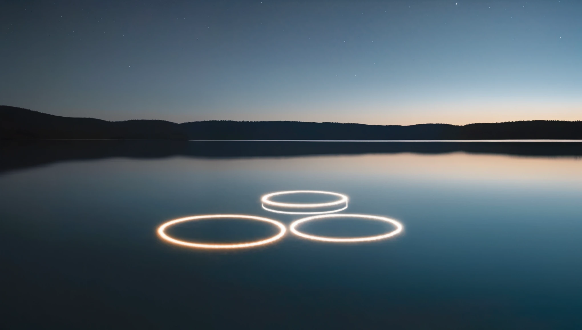 A calm lake with floating rings of light, reflecting on the water's surface. Minimalist and tranquil, capturing the beauty of nature with a touch of artificial light. Cinematic framing.