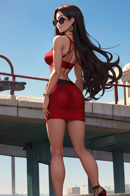 (back view),Beautiful 20 yo Mediterranean woman, beautiful athletic figure, shapely toned legs, perfect round ass, natural perky breasts,(abs), long dark hair, green eyes. (joy:1.4), sweet smile, Mascara, necklace, red blouse, black pencil skirt, high heels. sunglasses. Daytime in a United States metropolis.