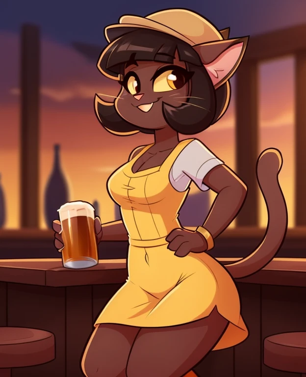 female, (Detailed face), (solo:1.1), [(thin:1.1) : (ivy pepper):4], (Detailed face), (more details, detailed background:1.1), (cat tail:1.1), smile, gold dress, black shorts, thick thighs, cat, anthropomorphic cat, anthro, (half-closed eyes, looking at the viewer seductively), pub, tavern, ((by Kilinah, by Coffeesoda, by Hioshiru, by Kilinah)), drinking beer