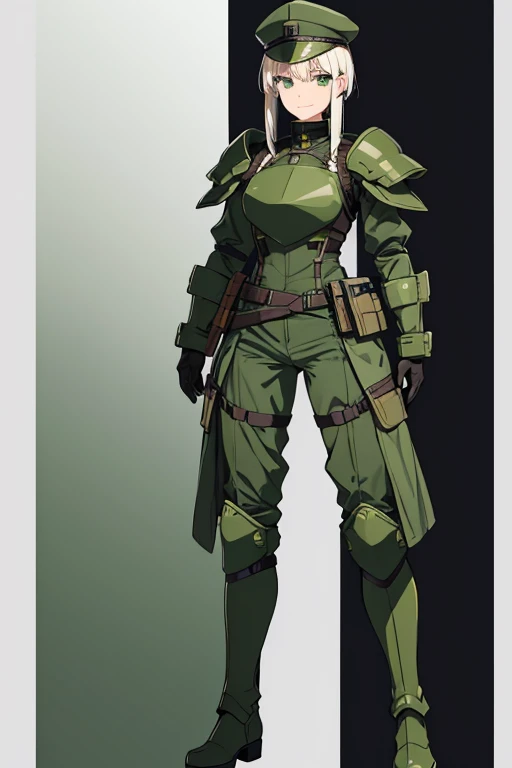 Anime drawings、Full body portrait、Space SF soldiers、A female soldier, about 37 years old, standing upright and about 175cm tall, wearing dark green bulletproof armor、Smiling with mouth closed、Hairstyle is medium straight、Platinum Blonde Hair、gloves、Green Eyes、Military boots、military cap、Shoulder Armor