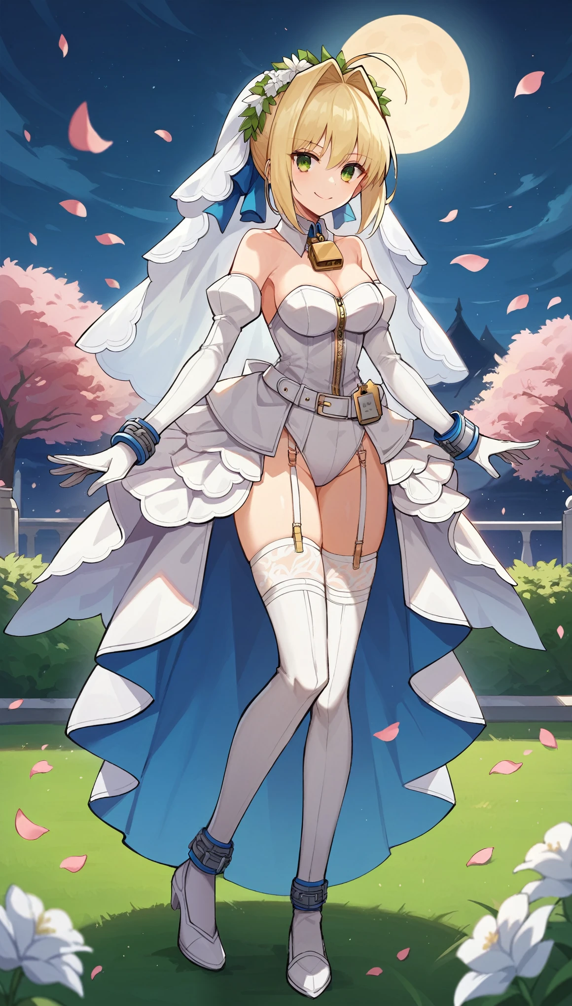 score_9, score_8_up, score_7_up, score_6_up, source anime,nero claudius \(bride\) \(fate\), nero claudius \(bride\) \(second ascension\) \(fate\), masterpiece, best quality, highres, aanero, ahoge, head wreath. bridal veil, green eyes, detached collar, chain, padlock, bare shoulders, strapless, white leotard, white dress, zipper, detached sleeves, white gloves, white belt, garter straps, white thighhighs, garter belt,holding Aestus Estus, smile, night, garden, Surrounding by falling cherry blossoms petals,moon, standing