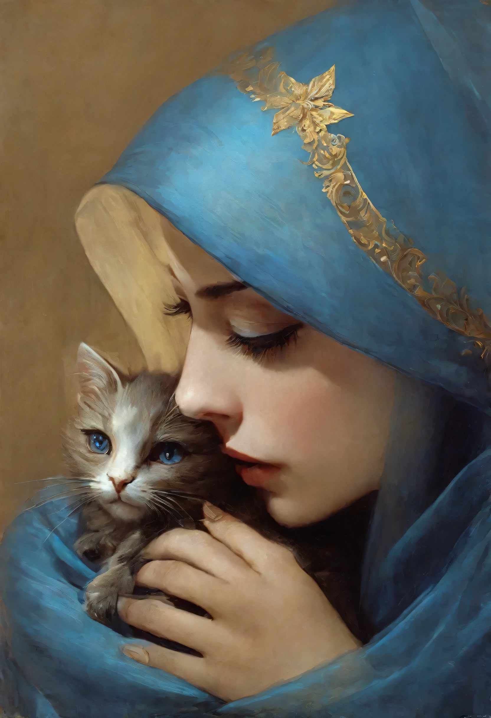 uma pintura a óleo de close-up of a Woman holding a little cat in her arms, wearing a blue veil, ricamente bordado em dourado, veil, pintura detalhada 4k; com olhos encantadores, karol bak uhd, por Tom Bagshaw e Boris Vallejo, mulher e gato, a mulher veste um vermelho azul-dourado, Graphic artist Magali Villeneuve, tom bagshaw donato giancola, bela arte uhd 4k, detalhes intrincados, estilo renoir, Leonardo da vinci, degas