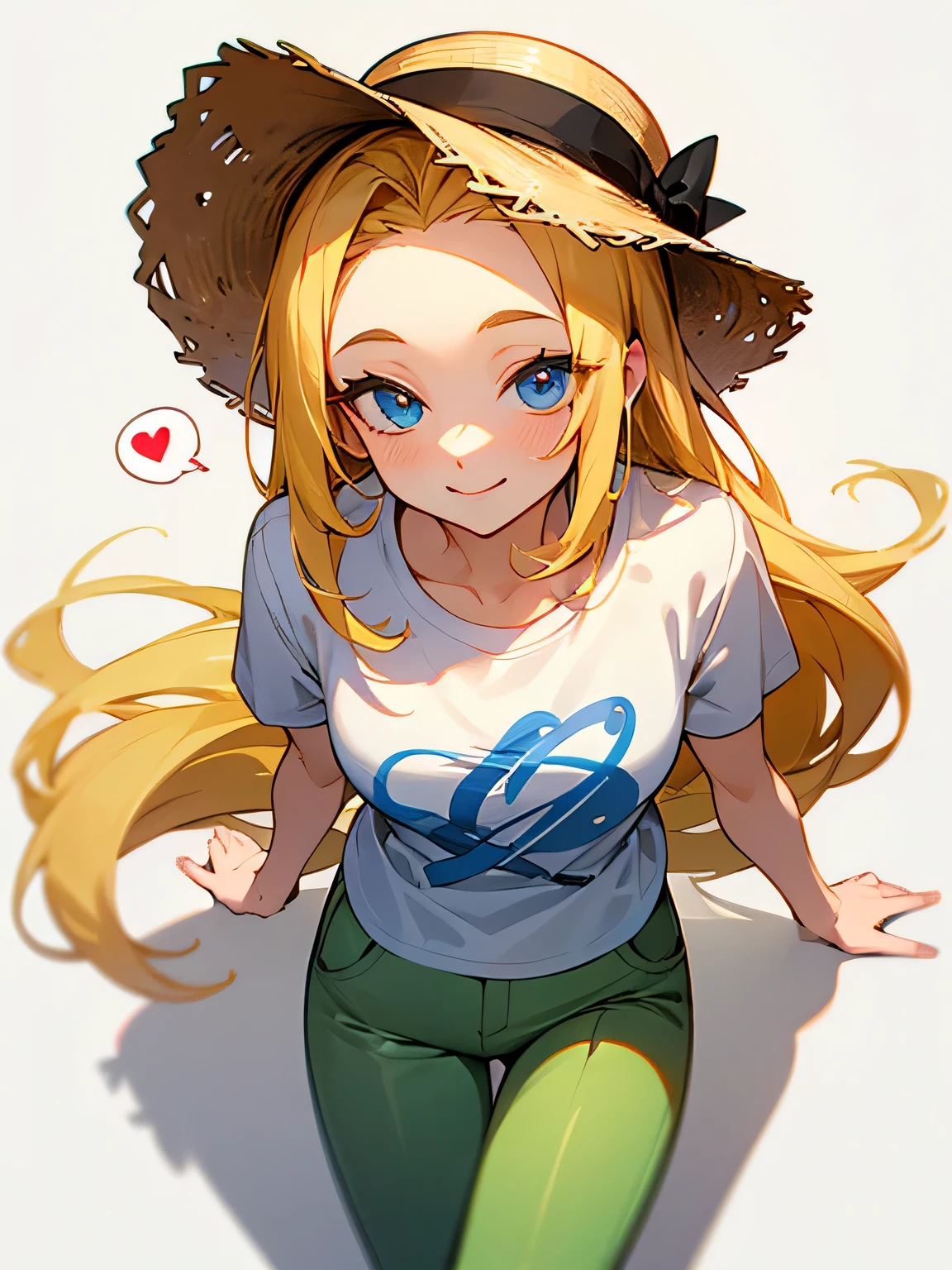 solo,from above, blonde thin long hair, big forehead, lite blue eyes, smile, spoken heart, white t-shirts, sensual,slim body, lite green pants, cute straw hat,simple white background,