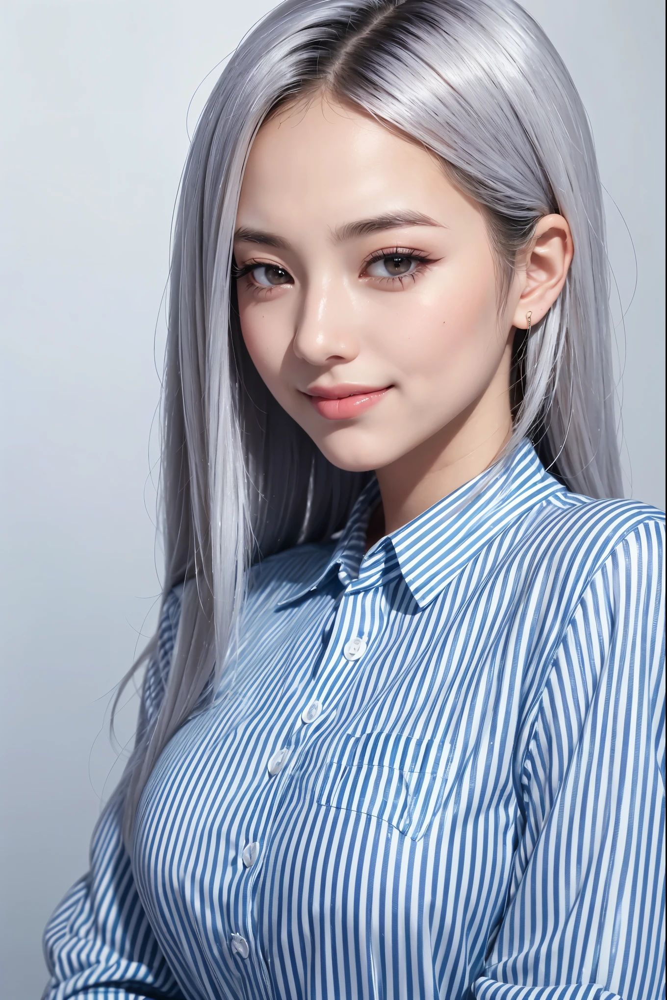 Realistic, masterpiece, highest quality, Highest Resolution, (1girl:1.3), 20-year-old, Sharp Eyes, Grinning smile, Slightly to the side, Definitely watching the audience, (Beautiful fine details, Iris, (Hidden eyelid wrinkles:1.2), Thin eyebrows, Draw eyelashes carefully, Natural Makeup, Mid-length hair, Silver Hair, Detailed face), (White and light blue striped long sleeve button-up shirt), Photographing the upper body, Portraiture, (Black blank background:1.3)