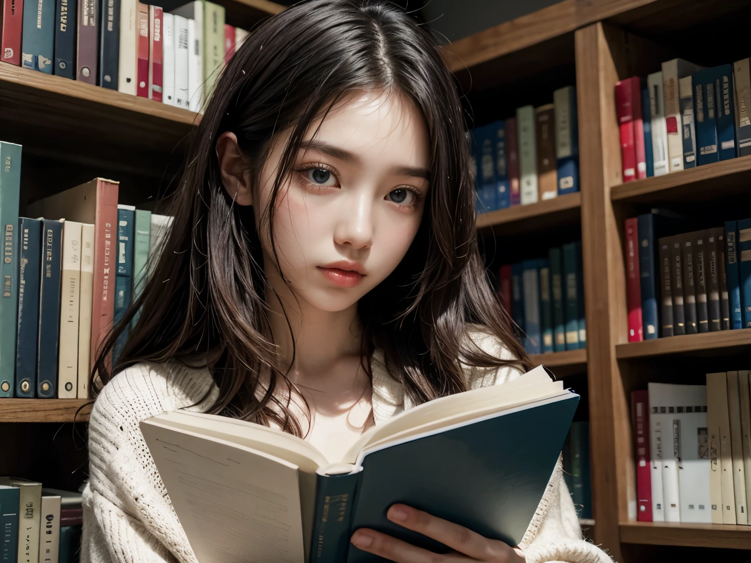 there is a woman that is I have a book in her hands, reading new book, I have a book, Reading a book, Portrait of a book, Portrait Shot, Reading in the library, Pale young woman with text, Glancing sideways, Have a spell book, Portrait of a Japan teenager, beginner, 巨大なI have a book, Holding a book, I&#39;m trying to read, close - up Portrait Shot