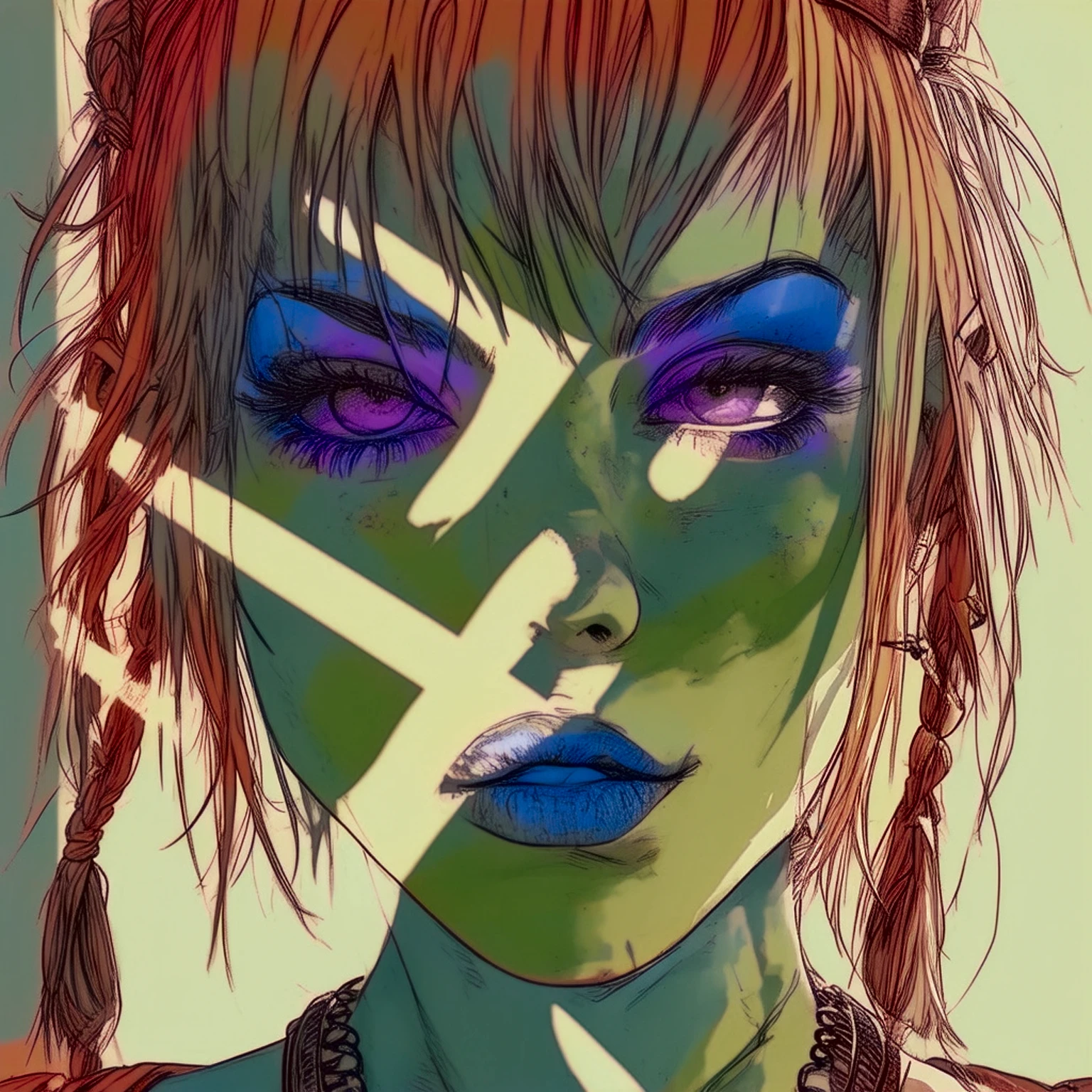 Tank Girl (jamie hewlett style reference), upclose zoom, portrait, candid, close-up of face, hand drawn, cartoon, animated, 1990's comic, (full roygbiv color) ink charcoal expressive illustration, no light source, darkness, light mask uv rays across face, absurd, with rich color grading, cel shading, warm and unified colors, rotoscope, animated, VHS, glitch, distorted, nostalgia, 90's retro vibe, hyper maximal, strange, hyperrealistic, rotoscope expressive ink bold line hand drawn, in a cinematic style, s, analog tape, vcr aesthetics, tv, television, hand drawn, minimal, precise,