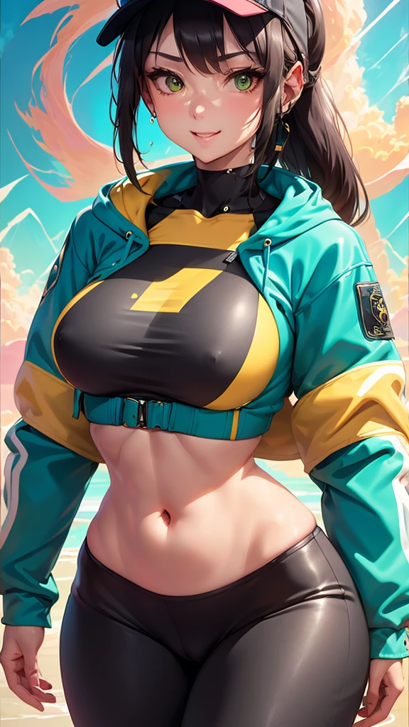 snowy landscape, straight body woman, slim, fit, light-skinned woman, dark hair, ponytail, ski jacket, open jacket, navel, abdominal lines, close-up, bright green eyes, vibrant colors, teal jacket and yellow, ski pants, (((rich textures))), ((extremely detailed)), ((more details)), (((masterpiece))), (((best quality))), (effects magical ), (glow), (((saturated colors))), (bright colors), (vivid colors), rpgcardstyle, ((curvy)), tight-fitting clothing, smile, UHDR, Posing variant,