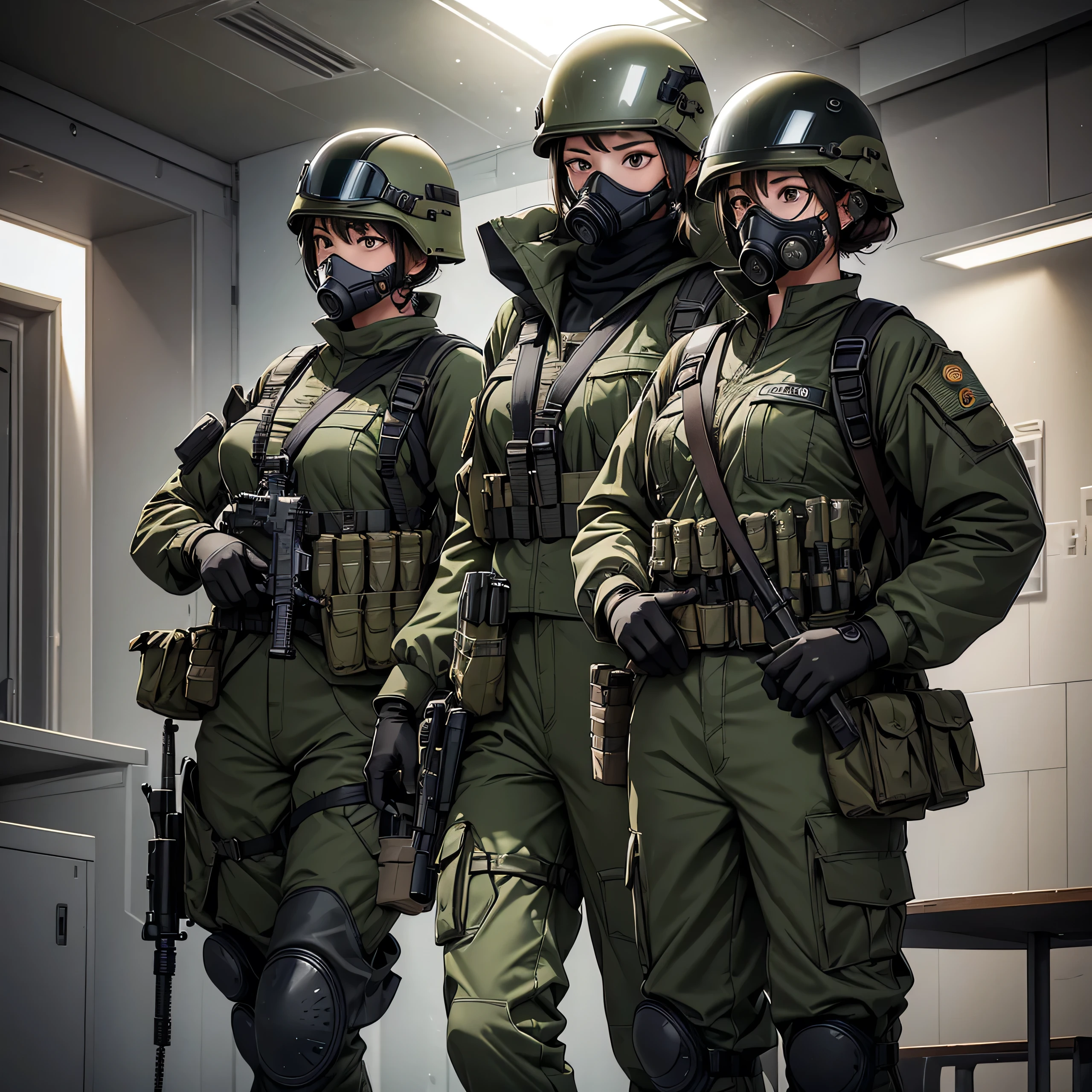 Three female special forces soldiers wearing gas masks、Crotch guard、Put on a helmet、Wear goggles、M51 Military Uniform,front,Three people side by side、Same posture、military trousers、ammo pouch、Tactical harness、Write details、masterpiece、best quality、Highly detailed CG、8K picture quality、theater lighting、lens flare