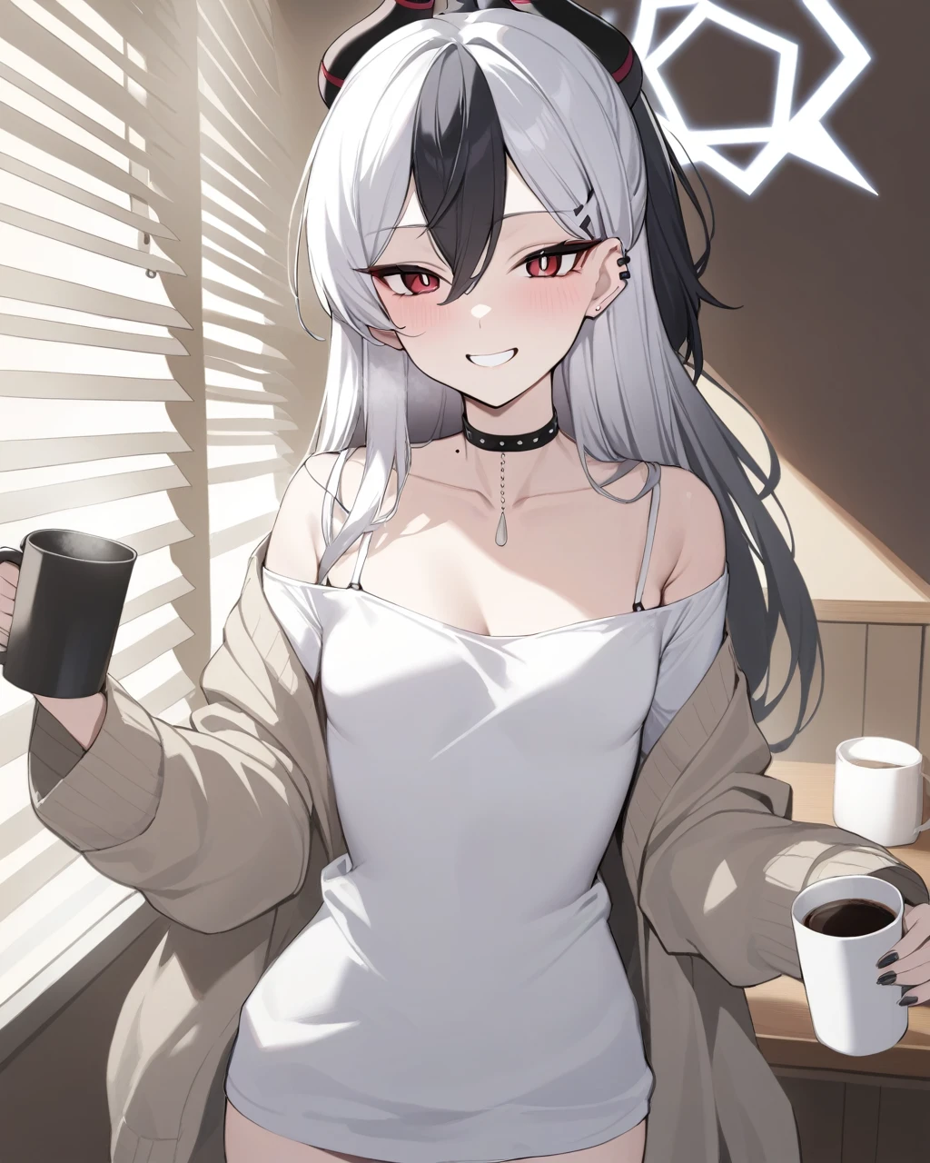 masterpiece,best quality,1girl, kayoko_\(blue_archive\), blinds, cup, solo, multicolored_hair, red_eyes, black_hair, choker, holding, holding_cup, looking_at_viewer, two-tone_hair, white_hair, coffee, piercing, horns, ear_piercing, breasts, long_hair, coffee_mug, smile, bangs, earclip, small_breasts, mug, open_clothes, collarbone, black_choker, shirt, off_shoulder, halo, white_shirt, grin