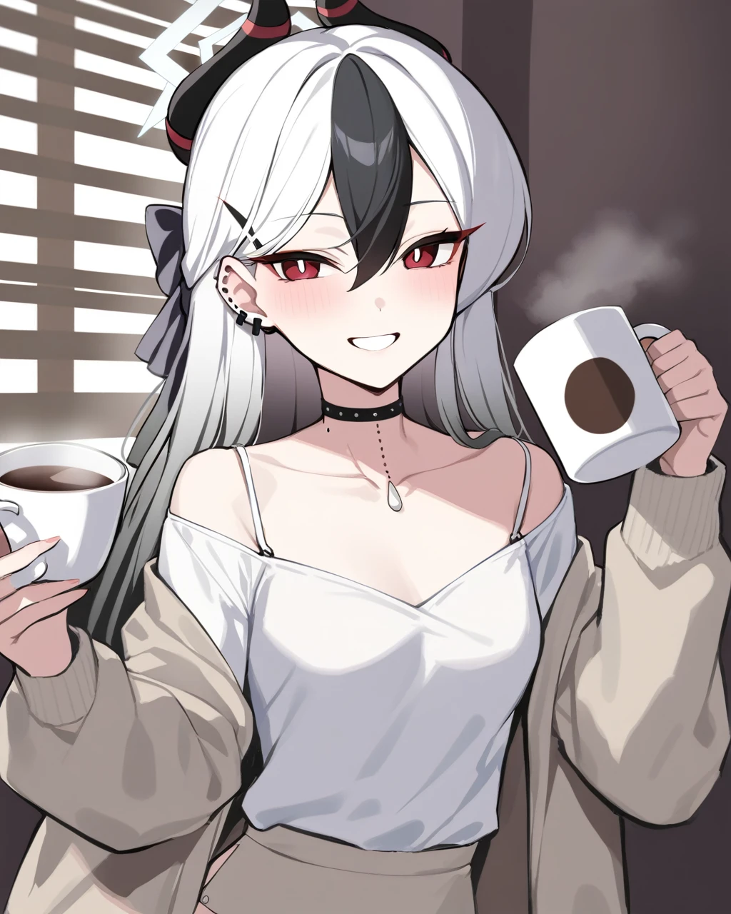 masterpiece,best quality,1girl, kayoko_\(blue_archive\), blinds, cup, solo, multicolored_hair, red_eyes, black_hair, choker, holding, holding_cup, looking_at_viewer, two-tone_hair, white_hair, coffee, piercing, horns, ear_piercing, breasts, long_hair, coffee_mug, smile, bangs, earclip, small_breasts, mug, open_clothes, collarbone, black_choker, shirt, off_shoulder, halo, white_shirt, grin