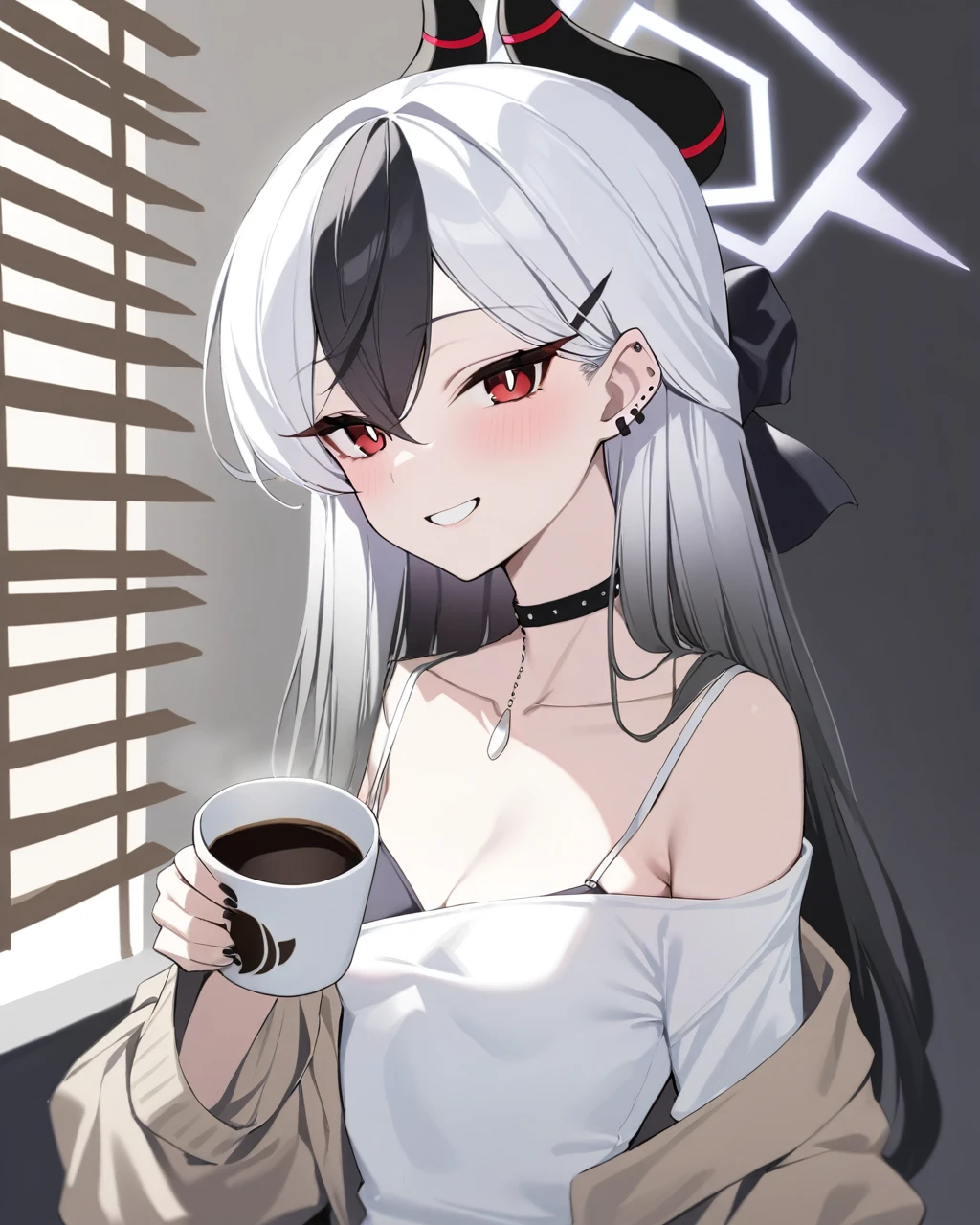 masterpiece,best quality,1girl, kayoko_\(blue_archive\), blinds, cup, solo, multicolored_hair, red_eyes, black_hair, choker, holding, holding_cup, looking_at_viewer, two-tone_hair, white_hair, coffee, piercing, horns, ear_piercing, breasts, long_hair, coffee_mug, smile, bangs, earclip, small_breasts, mug, open_clothes, collarbone, black_choker, shirt, off_shoulder, halo, white_shirt, grin