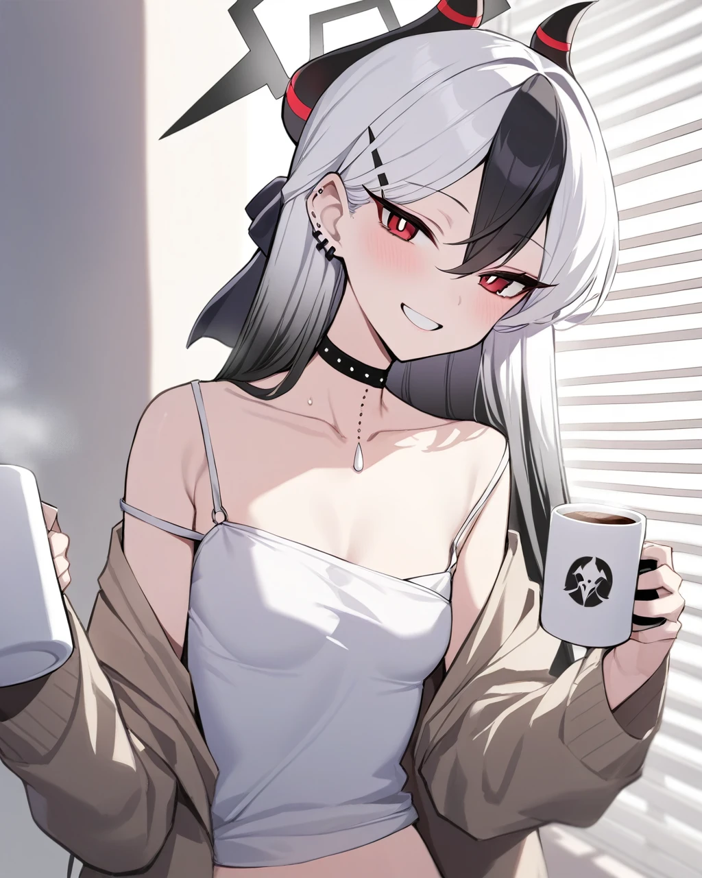 masterpiece,best quality,1girl, kayoko_\(blue_archive\), blinds, cup, solo, multicolored_hair, red_eyes, black_hair, choker, holding, holding_cup, looking_at_viewer, two-tone_hair, white_hair, coffee, piercing, horns, ear_piercing, breasts, long_hair, coffee_mug, smile, bangs, earclip, small_breasts, mug, open_clothes, collarbone, black_choker, shirt, off_shoulder, halo, white_shirt, grin