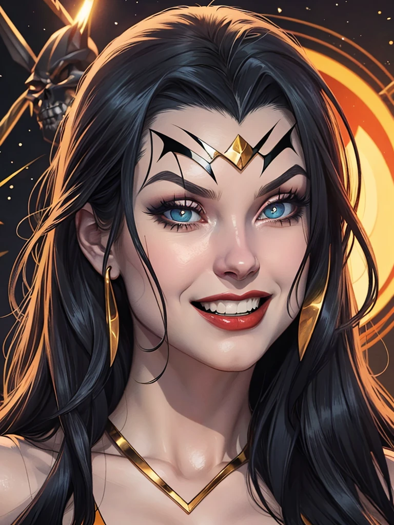 (a sexy witch,green hat,cleavage,halloween),oil painting, vivid colors,masterpiece:1.2,ultra-detailed, intense expression, flowing hair, enchanted forest, glowing moonlight,golden staff,spellbinding, ethereal beauty, dark lipstick,dramatic lighting,eye-catching, mysterious aura,spellbook,alpha female, seductive gaze, bewitching charm,dark fantasy,wisps of fog, enchanting atmosphere.