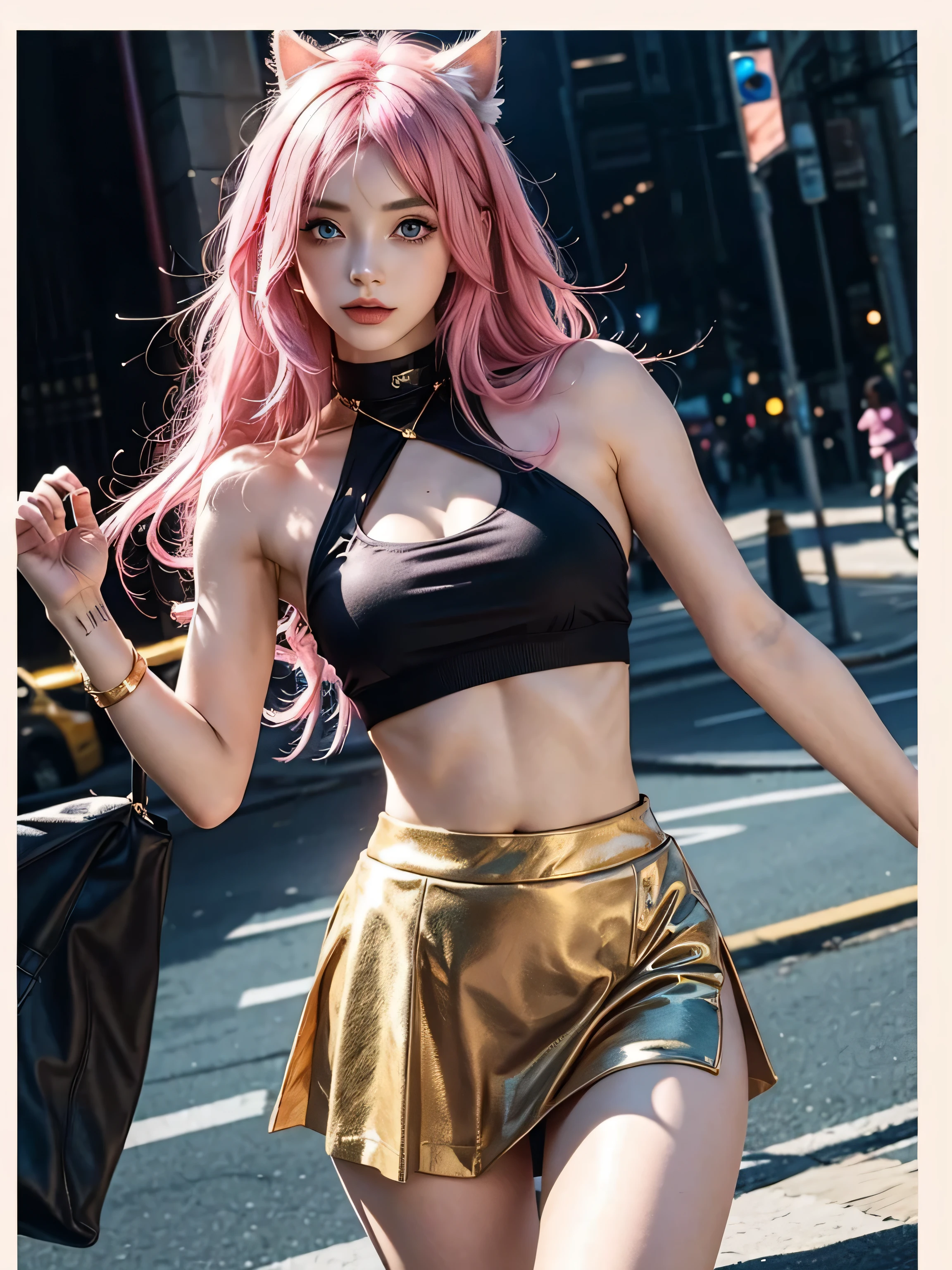 1girl, catgirl with pink hair and blue fur with gold eyes  wearing a crop top and skirt 