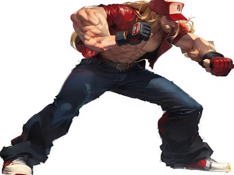 full body, blonde, red jacket, jeans, belt, propositional body, gloves, red tennis, long hair, Red cap, keep pose, king_of_fighters, terry bogard, idle pose, facing right, fighting stance