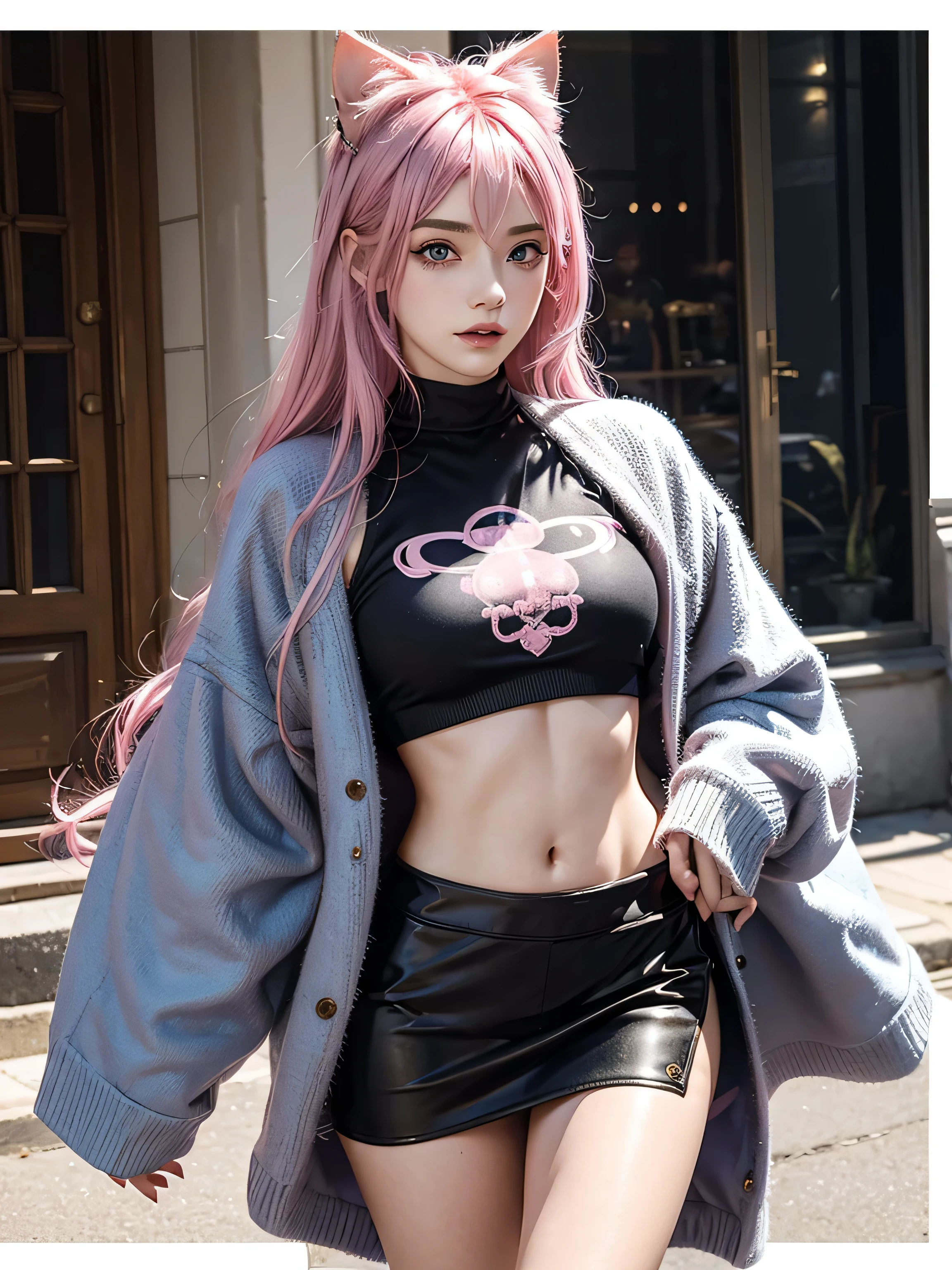 1girl, catgirl with pink hair and blue fur with gold eyes  wearing a crop top and skirt 