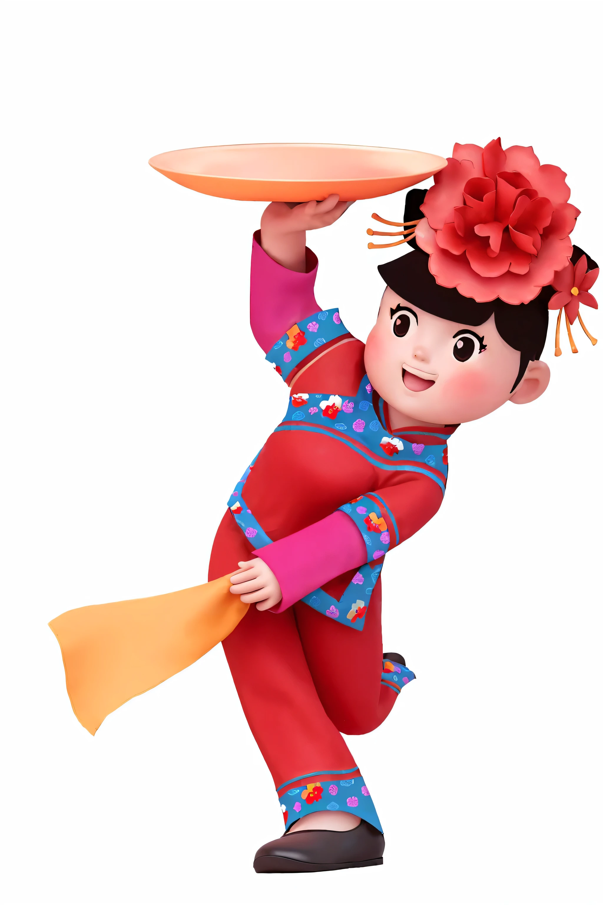 A Chinese girl in a yangko costume，Flower headdress，Left hand holding the plate，Right hand holding a handkerchief，Black shoes，Left leg lands，The right leg is cocked，Wearing red clothes，The overall effect is a Pop Mart style blind box ornament，3D Rendering，Plastic material，Delicate facial features