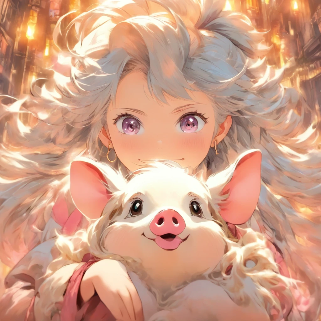 Anime girl with long silver hair and pink eyes holding a piglet and taking a photo, Gray-haired少女, Enchanting anime girl, Gray-haired完璧な女の子, Gray-haired, Swing, Gray-haired女性, Silver Haired Girl, Soft anime illustration, Silver Haired Girl, shikamimi,