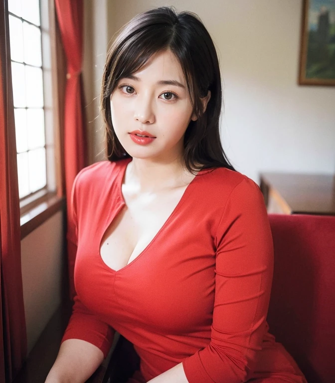 ((highest quality、8k、masterpiece:1.3))、Photorealistic, Sharp focus, high resolution, High resolution, Portraiture, alone, Japanese, Middle-aged women, Beautiful woman, 26 years old、Big Breasts、She is dressed in a red casual dress、In an apartment