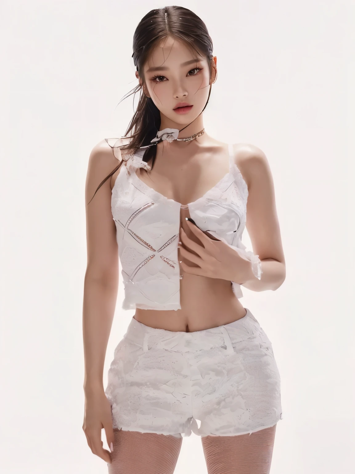 a close up of a woman in a white top and shorts, blackpink jennie, jia, roseanne park of blackpink, glossy magazine photoshoot, jossi of blackpink, gongbi, korean women's fashion model, in white clothes, gorgeous young korean woman, jinyoung shin, heonhwa choe, lu ji, magazine photoshoot, solo photoshoot, sha xi, magazine photo, Jennie from blackpink, Kim Jennie