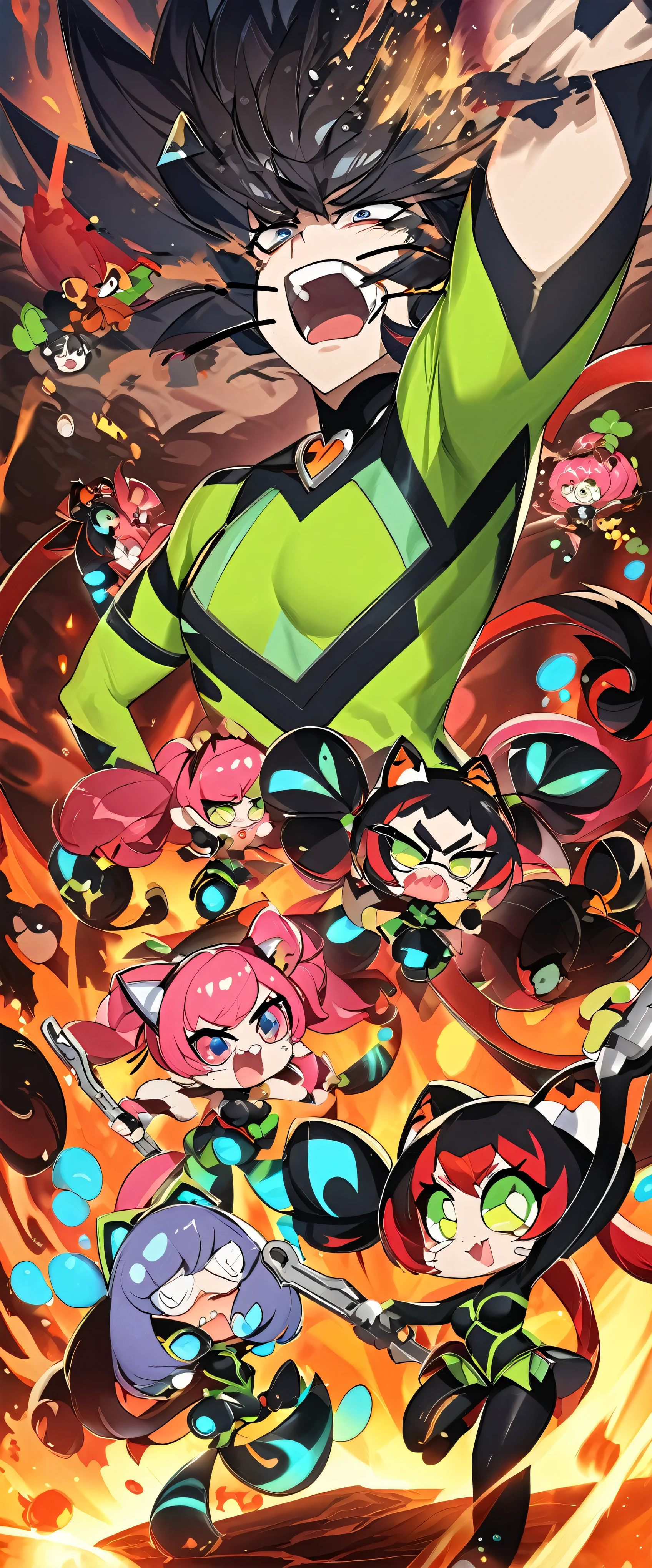 At the heart of a burning volcano、Adult Powerpuff Girls in elaborate cat costumes engage in fierce battles。The catsuit design、Fiery Red Blossom、Calm blue bubble、Bold green buttercups etc.、A vibrant combination of original colors、Each outfit is adorned with cat accessories such as whiskers and tails.。Amid lava flows and smoking craters、The girls performed graceful and powerful movements.、The costumes are slightly sing-song but still elegant。Mojo is、In a desperate attempt to defeat them、Swinging a crazy monkey wrench at my sisters、His Actions