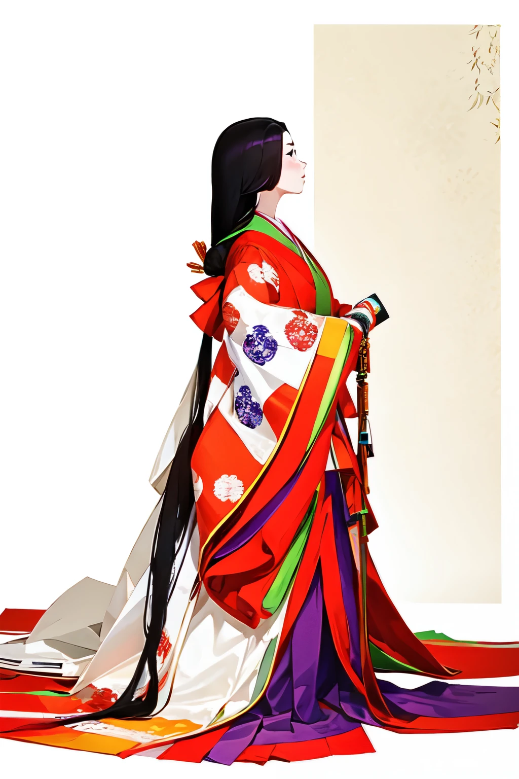 (masterpiece, highest quality:1.2), One girl, alone, (junihitoe:1.2), (12 layered kimono:1.2), (very long straight black hair:1.2), (no hair ornaments:1.2), red karaginu, court crest print, open hiogi, purple-red hakama, white mo-skirt, red bodered strip, hole body,  From diagonally ahead, from front, from side, simple Background, blank background,