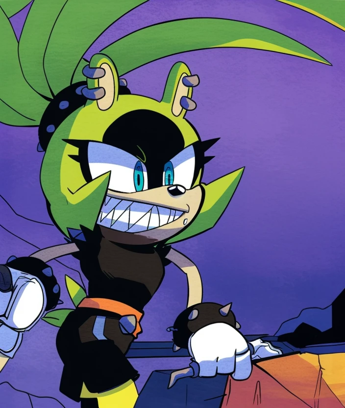 surge the tenrec, female, blue eyes, sleeveless shirt, black shorts, gloves, curved grin, sharp teeth,