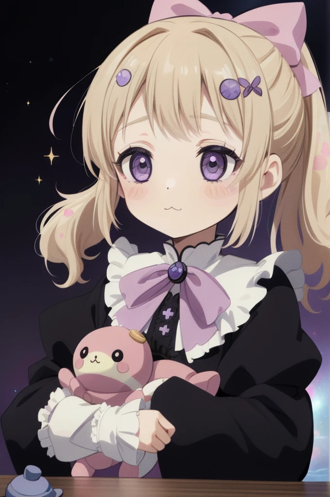 (On the table), (best quality), (Super detailed), (whole body: 1.2), 1 girl, small, Lovely, troubled face,Color Background, pink, purple,White Gothic Lolita Clothing, blush, : 3, (fluffy curls:1.2),(Big ribbon double ponytail:1.1),(Banguri and, Blonde, (薄purpleの瞳:1.3),(white eyelash stickers, Bangortiful detail face), (Beautiful and delicate eyelids,Lovelyポーズ,(A space filled with stuffed animals and toys)