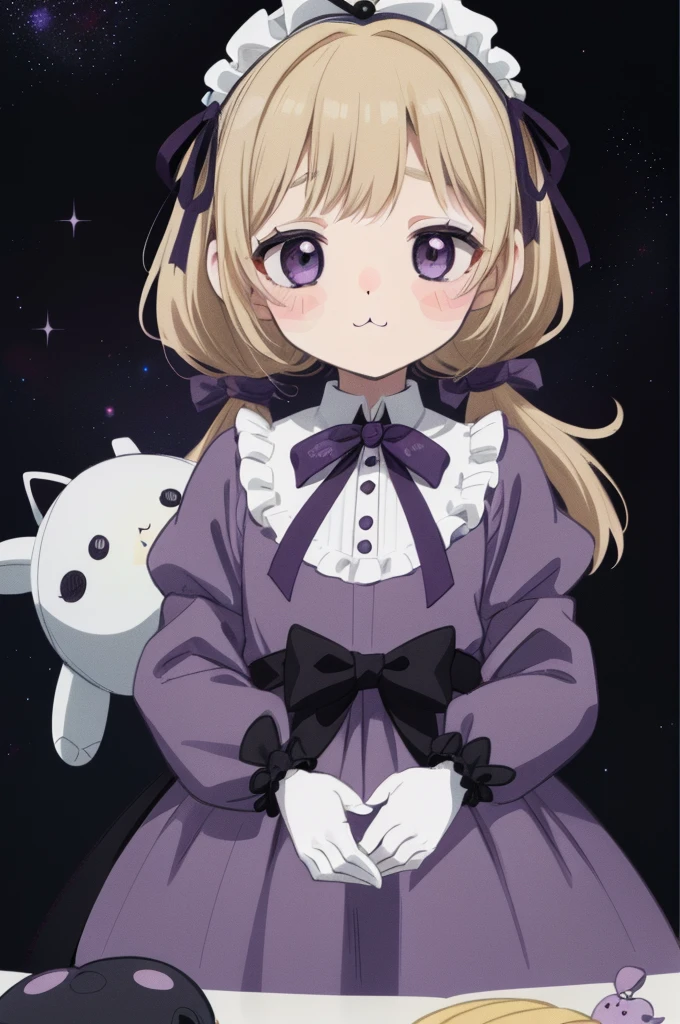 (On the table), (best quality), (Super detailed), (whole body: 1.2), 1 girl, small, Lovely, troubled face,Color Background, pink, purple,White Gothic ta Clothing, blush, : 3, (fluffy curls:1.2),(Big ribbon double ponytail:1.1),(Banguri and, Blonde, (薄purpleの瞳:1.3),(white eyelash stickers, Bangortiful detail face), (Beautiful and delicate eyelids,Lovelyポーズ,(A space filled with stuffed animals and toys)