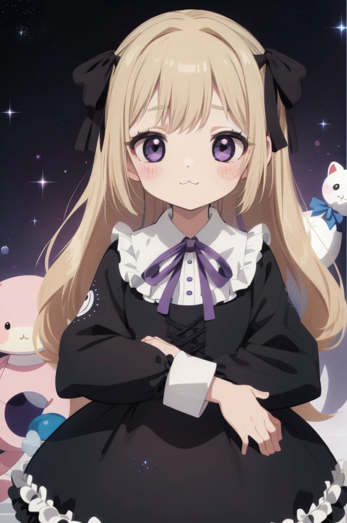 (On the table), (best quality), (Super detailed), (whole body: 1.2), 1 girl, small, Lovely, troubled face,Color Background, pink, purple,White Gothic Lolita Clothing, blush, : 3, (fluffy curls:1.2),(Big ribbon double ponytail:1.1),(Banguri and, Blonde, (薄purpleの瞳:1.3),(white eyelash stickers, Bangortiful detail face), (Beautiful and delicate eyelids,Lovelyポーズ,(A space filled with stuffed animals and toys)