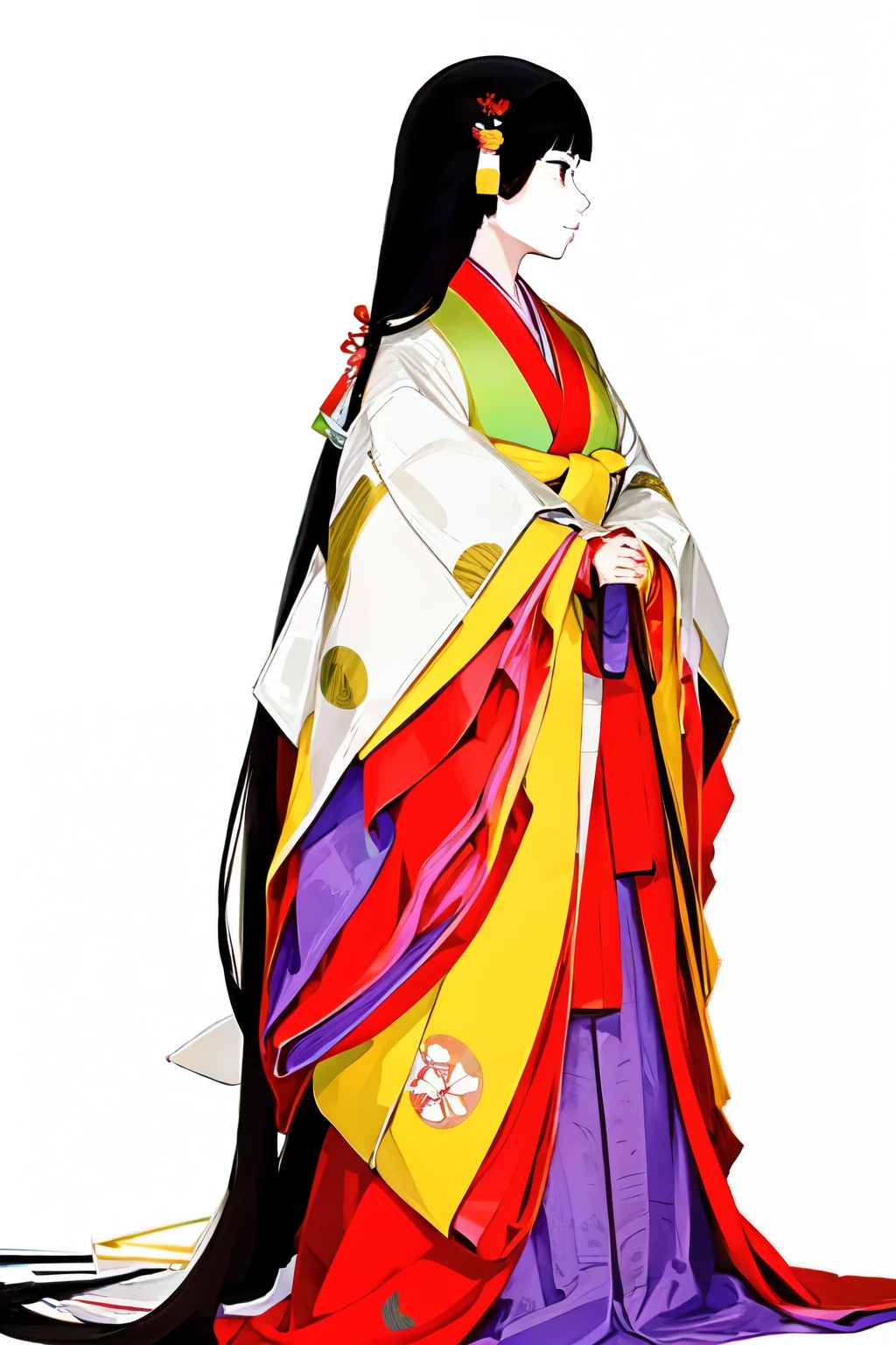 (masterpiece, highest quality:1.2), One girl, alone, (junihitoe:1.2), (12 layered kimono:1.2), (very long straight black hair:1.2), (no hair ornaments:1.2), red karaginu, court crest print, open hiogi, purple-red hakama, white mo-skirt, red bodered strip, hole body,  From diagonally ahead, from front, from side, simple Background, blank background,