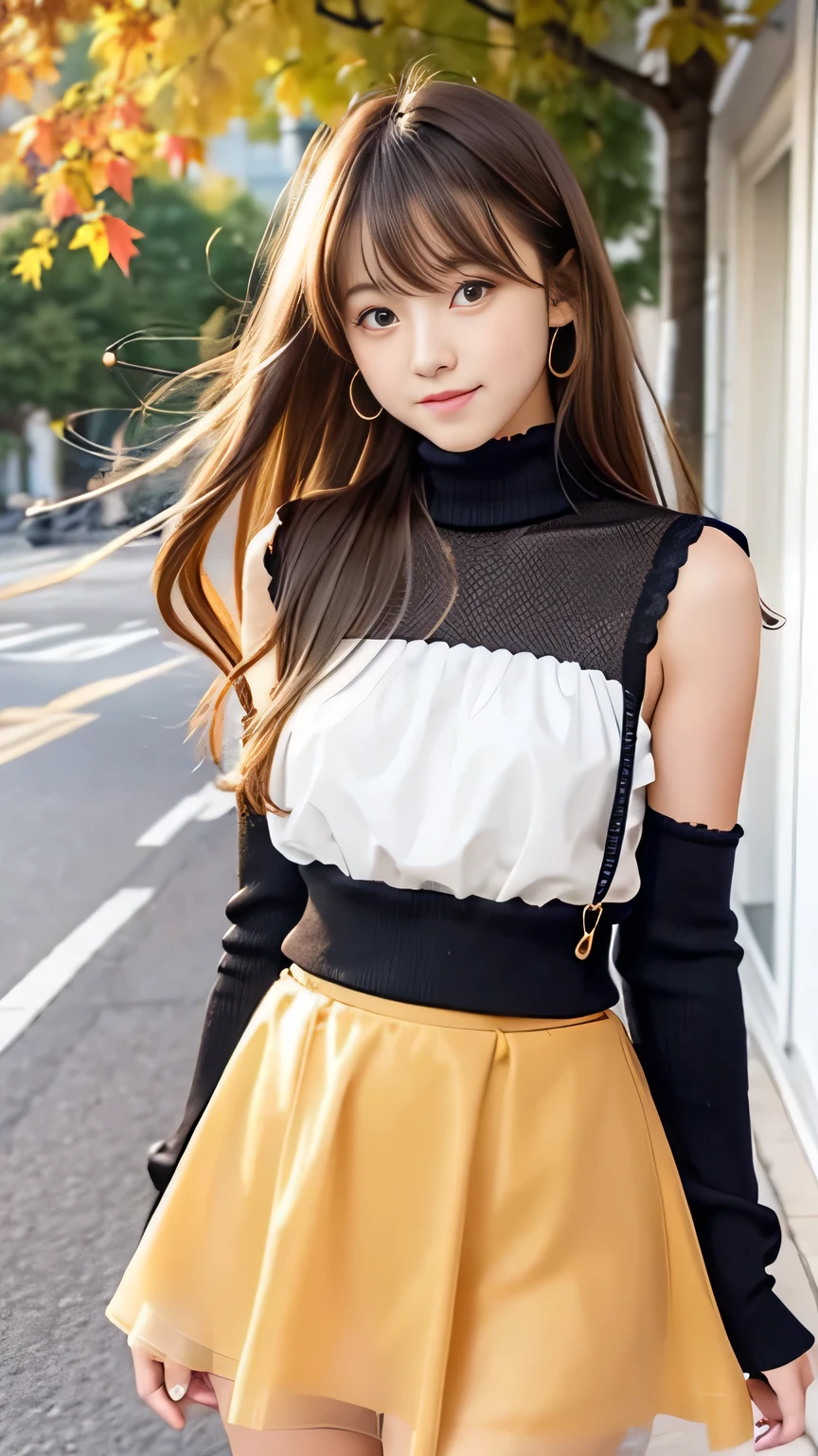 Cute autumn outfit coordination、Sexy Big 、A cute -yeld giwith a sexy and cute look, beautiful and sexy face、A strong wind blows my hair in front of my face、With straight blonde hair、beautiful, Cute and sexy eyes hidden behind long bangs、Cute colorful tulle mini skirt