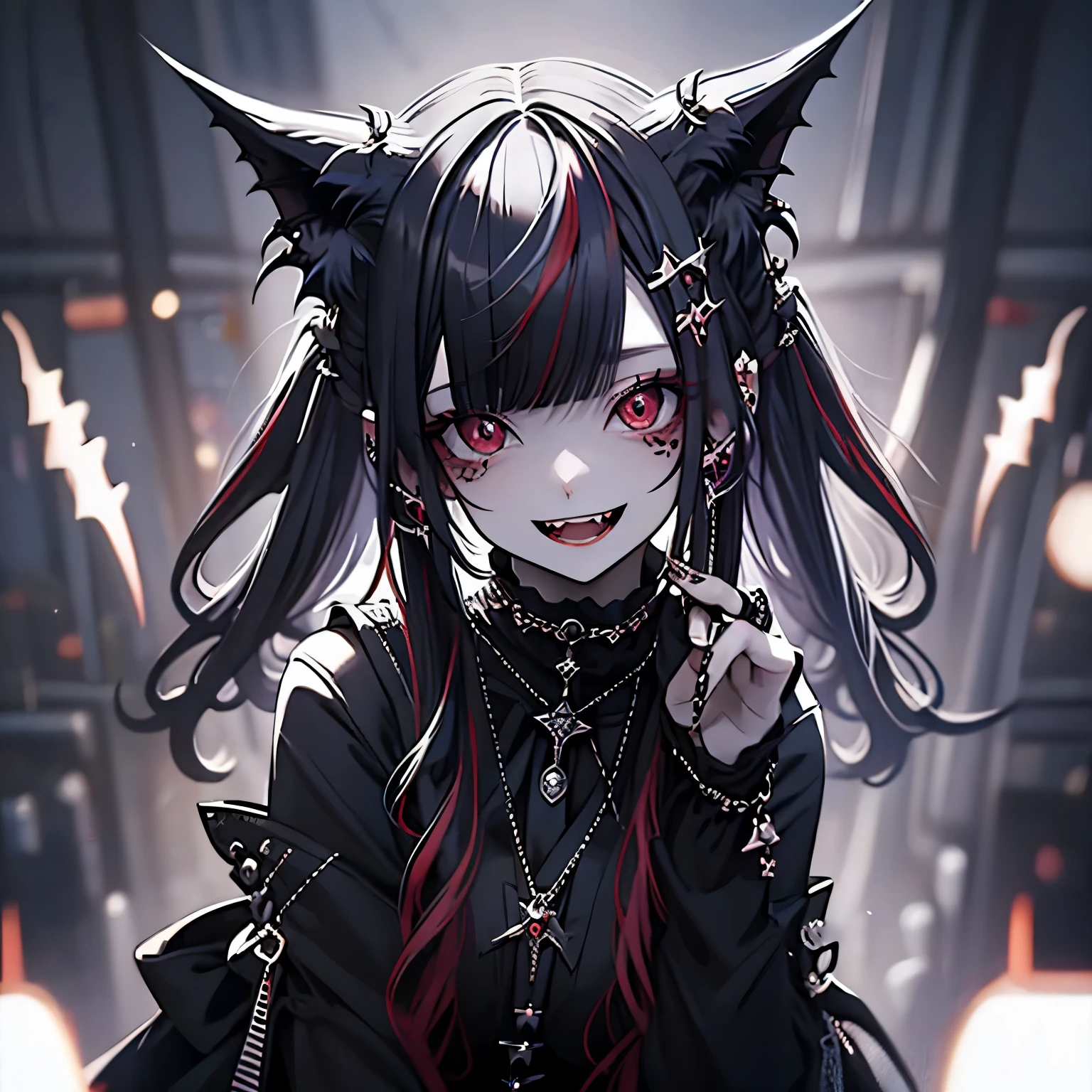 (masterpiece), highest quality, Ultra-high resolution,Gothic、Silver Hair、Black Hair、(Red hair tips:1.3)、Big smile、Bat、Vampire、Laughing with fanged mouth