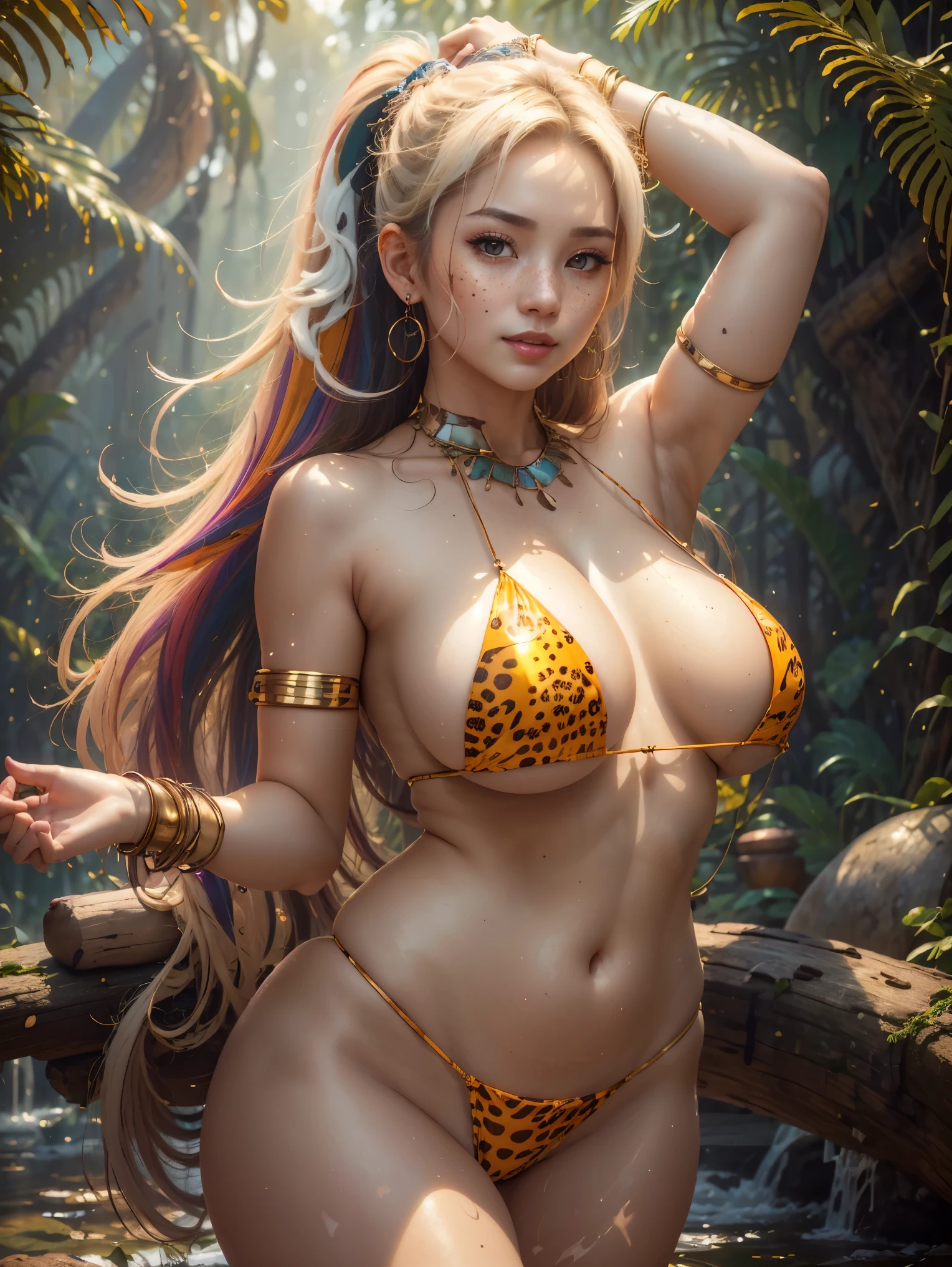 soft_light, (Masterpiece: 1.5), (Best Quality: 1.5), High Resolution, High Detail, 1 Girl, Solo, Skin Highlight, Sharpen, Clear, straight hair, ponytail, multicolored hair, Jewelry, bracelet, earrings, cowboy shot, pale skin, smile, jungle river, wearing animal-print femloin and bra, (huge boobs, freckles, sun spots, thighs)