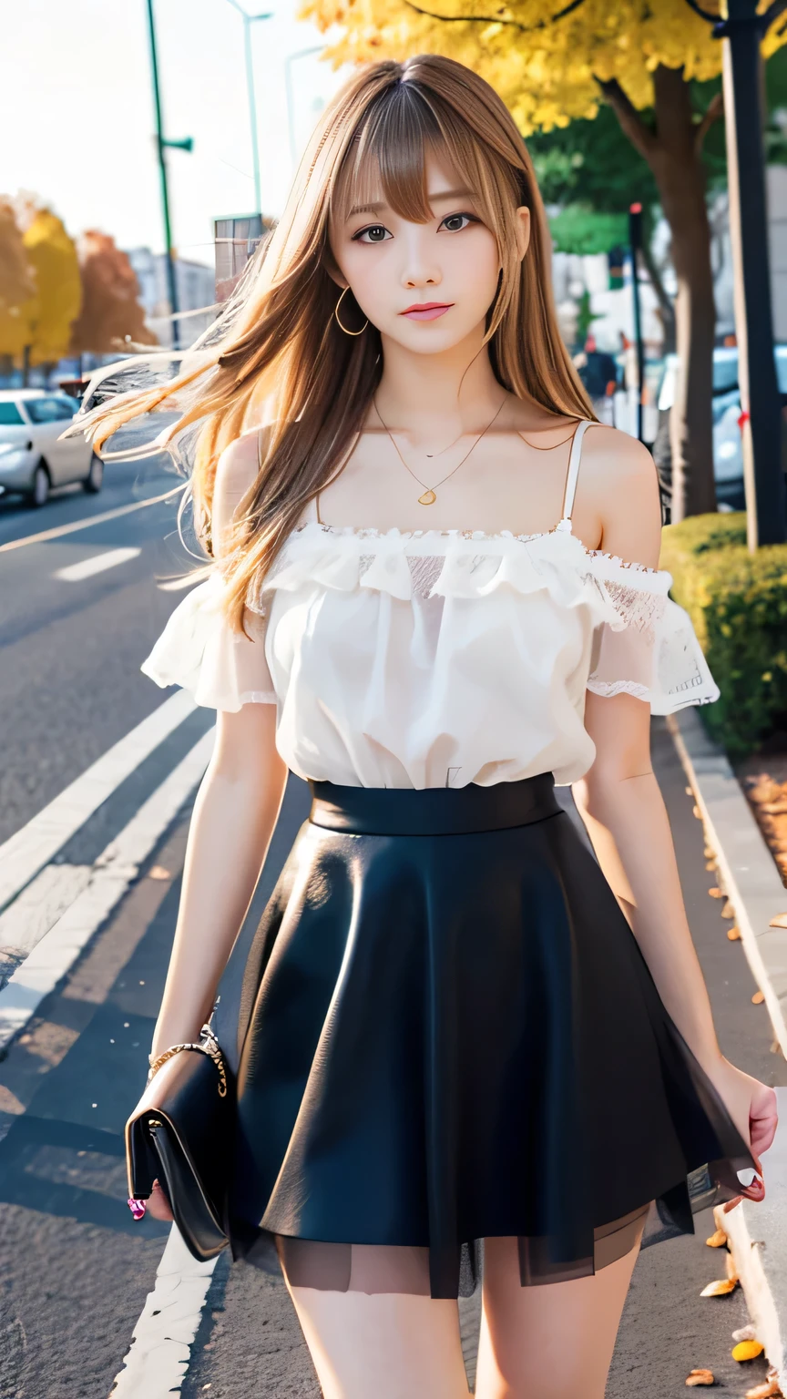 Cute autumn outfit coordination、Sexy Big 、A cute -yeld giwith a sexy and cute look, beautiful and sexy face、A strong wind blows my hair in front of my face、With straight blonde hair、beautiful, Cute and sexy eyes hidden behind long bangs、Cute colorful tulle mini skirt