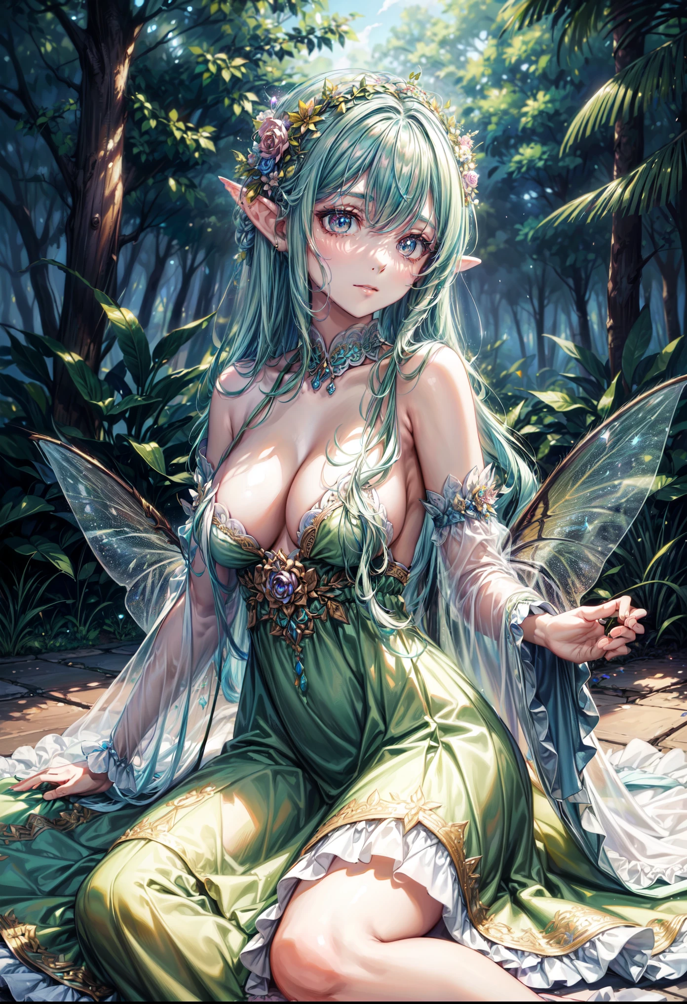 eyeline,(lewd eyes:1.4),(faeries:1.2),(high resolution,best quality,like a dream,obsessed,at a forest,faeries),(vibrant with colors,Super detailed),(Beautiful lewd eyes,Mottled sunlight,Whimsical creatures,sparkling mysterious mist,Evocative atmosphere otherworldly beauty),(magical light,Faint ethereal light),(in pastel shades,fantasticcolors),(Dancing fireflies,lively faeries,Breeze whispered),layered lace dress,Exquisite and beautiful gauze long skirt,(Colorful princess dress:1.4),(Elf Flower Crown:1.2),(Beautiful lewd eyes, vibrant with colors, oil painted, flowers in the background, A flowing dress, Fantastical Atmosphere, Eyebrows are very clear, gentlesoftlighting, Fantasy elements, Magical environment, Realistic high resolution images, dynamic and energetic),(vivd colour:1.5)