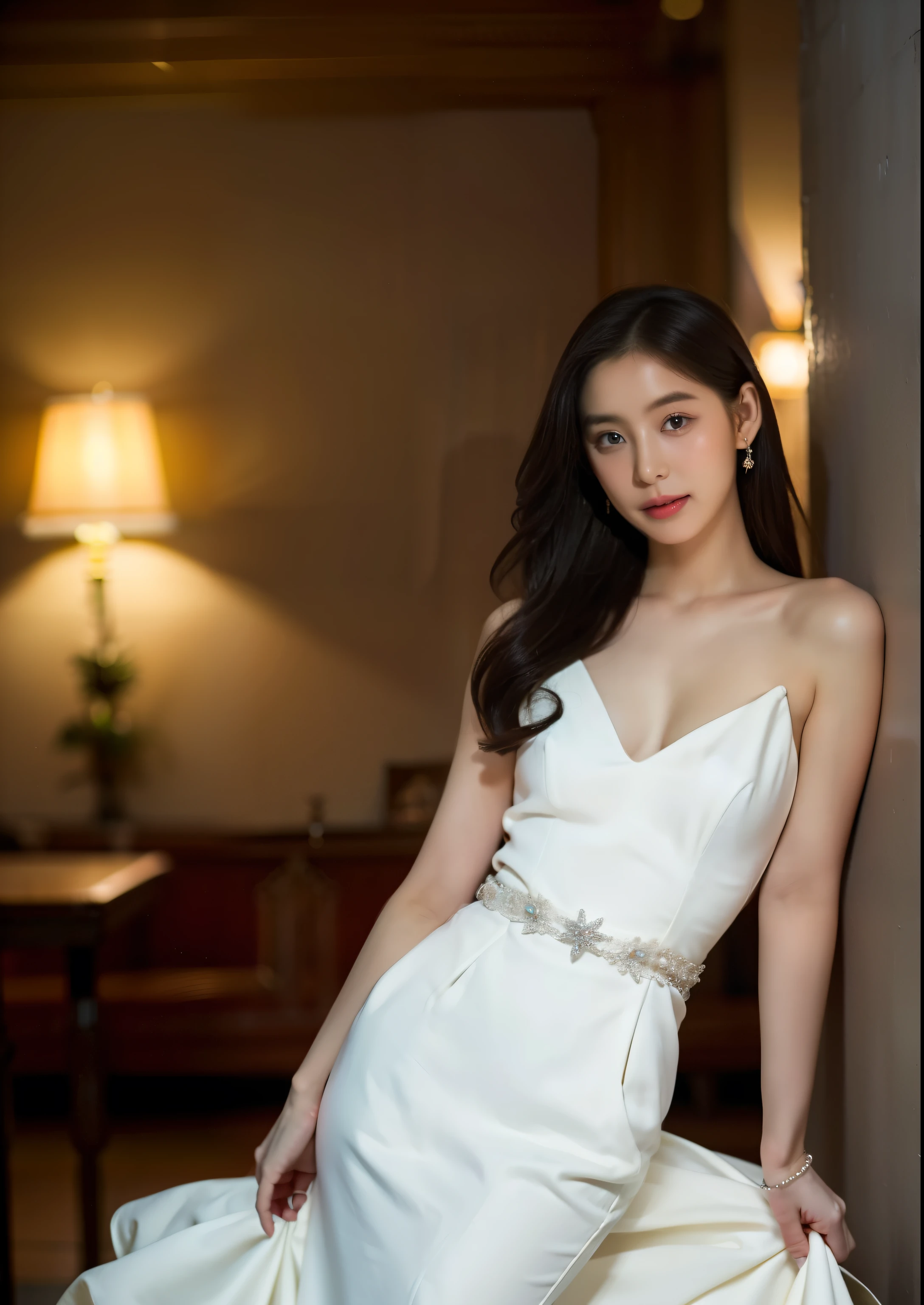 Beautiful 25 year old tall and slender woman。She is smiling. Her leg is very long.She is wearing a wedding dress. She is illuminated by sunset light. the evening church lights is on . her black hair. High resolution、masterpiece、highest quality、頭w:1.0、((Hasselblad Photos))、fine skin、(movie lighting)、clavicle . full body picture.