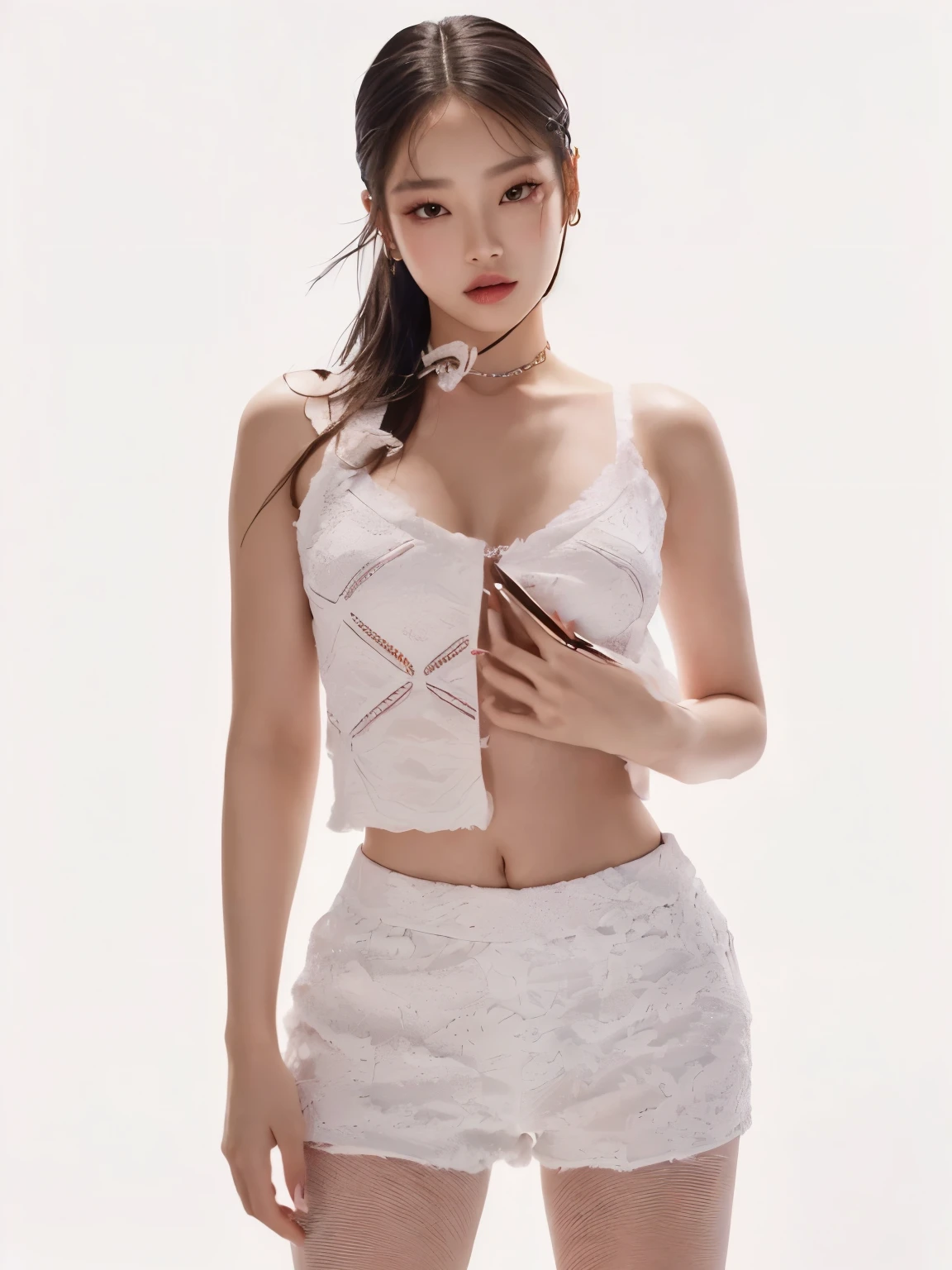 a close up of a woman in a white top and shorts, blackpink jennie, jia, roseanne park of blackpink, glossy magazine photoshoot, jossi of blackpink, gongbi, korean women's fashion model, in white clothes, gorgeous young korean woman, jinyoung shin, heonhwa choe, lu ji, magazine photoshoot, solo photoshoot, sha xi, magazine photo, Jennie from blackpink, Kim Jennie