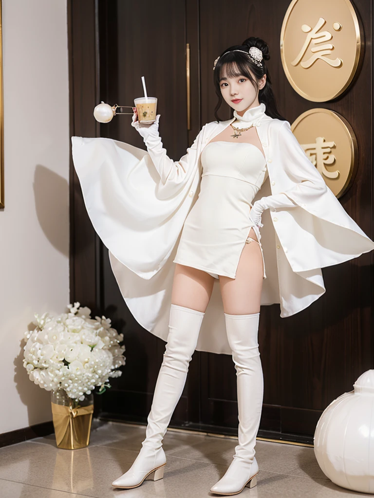 Wearing a pearl milk tea color tights with a pearl milk tea color cloak, wearing milk tea color long gloves on both hands, and wearing pearl milk tea color over-the-knee boots on both feet. The original superheroine, the mother of pearl milk tea, stands and shows a full-body photo of GG with the super power of shooting pearls.