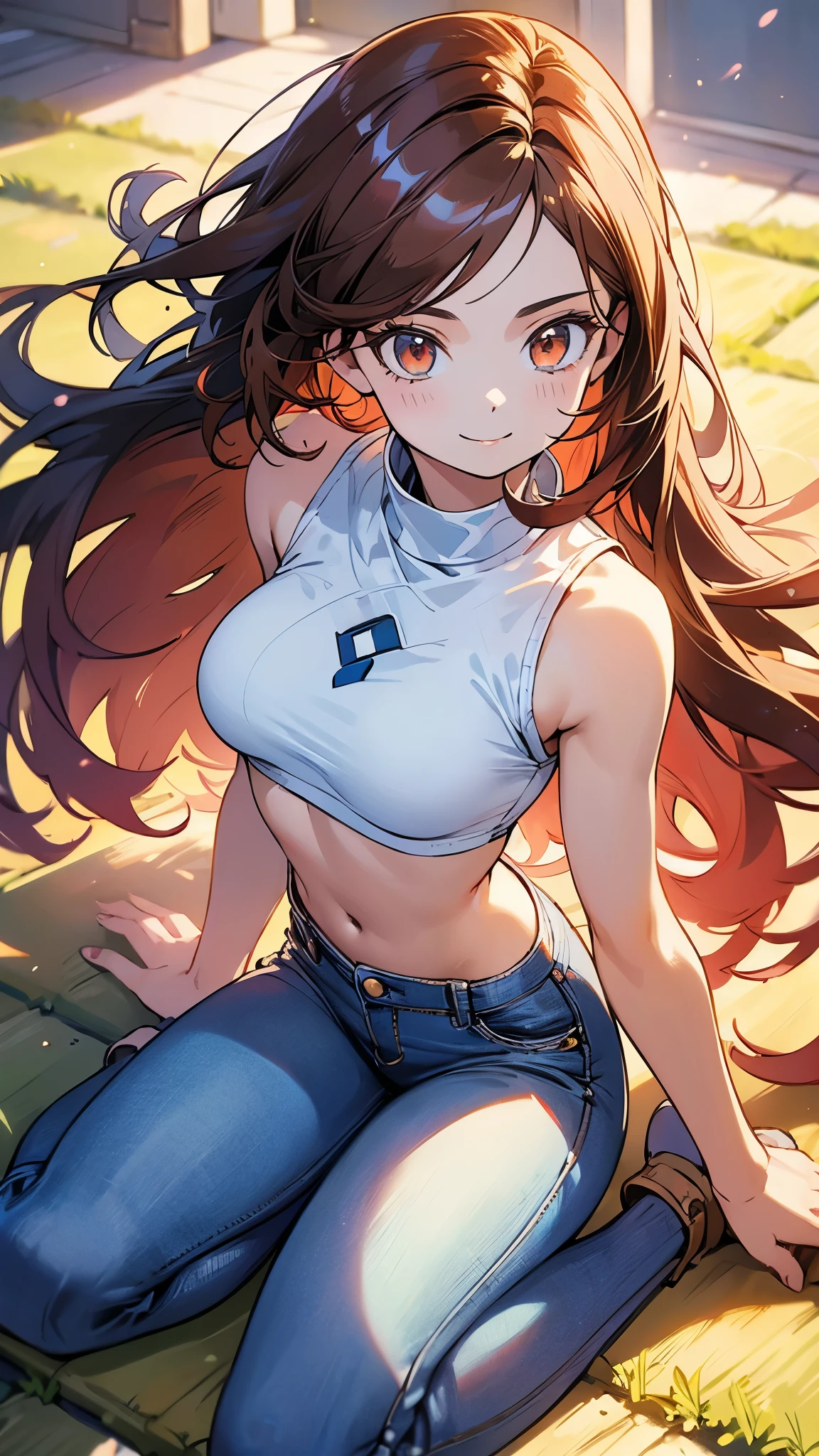 (highest quality, 4k, High resolution, masterpiece:1.2), Super detailed, (anime style, photorealistic:1.37), cinematic light, Bright colors and mesmerizing effects, Soft and delicate lighting, gentle shine, Beautiful and gentle atmosphere throughout the scene, (1girl:1.5), joven, (Cara finamente detallada:1.4, Ropa detallada), (Detallado:1.4) named (Eimi Fukada:1.1) BREAK Cara hermosa, Profundidad de campo, Agregar capa, 27 years old, Modelo de cuerpo perfecto, senos perfectos, 175cm de altura, pose sexy, full body, cuerpo completo, Tipo de cuerpo del modelo, BREAK (tight white crop top:1.5), (denim blue pants:1.3), (Cabello largo:1.3), (brunette:1.1), dark brown hair, doble parpado, (reddish brown eyes:1.5) BREAK blush, long hair, nijistyle, smile, sakura garden, from above