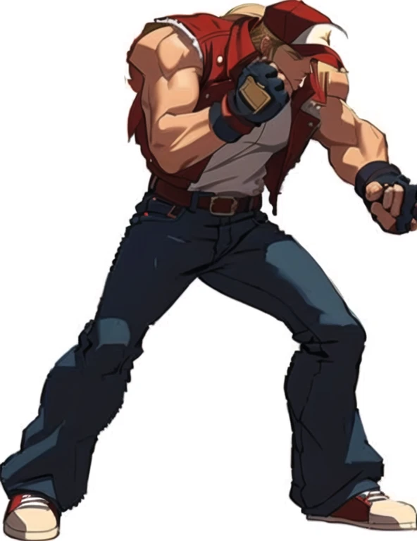 full White background, full body, blonde, red jacket, jeans, belt, propositional body, gloves, red tennis, long hair, Red cap, keep pose, king_of_fighters, terry bogard, idle pose, facing right, fighting stance
