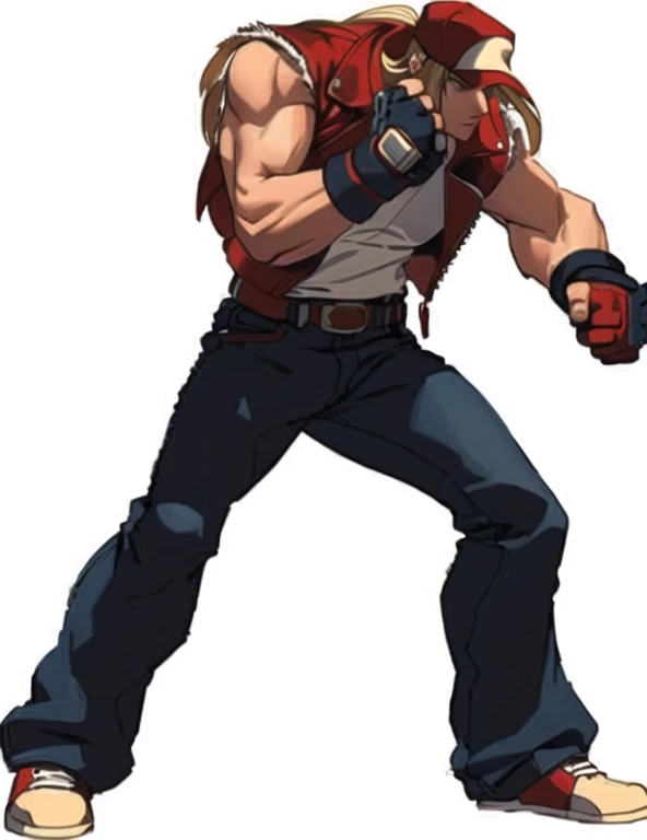 full White background, full body, blonde, red jacket, jeans, belt, propositional body, gloves, red tennis, long hair, Red cap, keep pose, king_of_fighters, terry bogard, idle pose, facing right, fighting stance