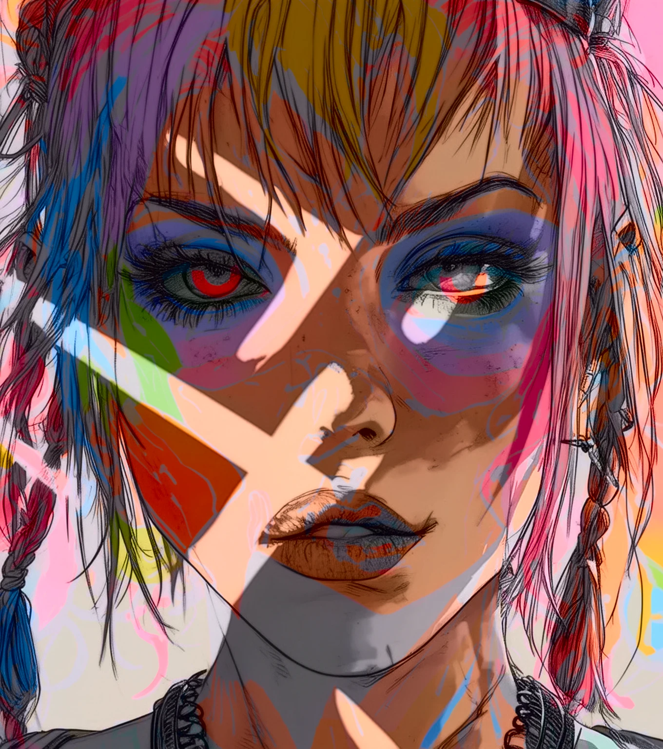 Tank Girl (jamie hewlett style reference), upclose zoom, portrait, candid, close-up of face, hand drawn, cartoon, animated, 1990's comic, (full roygbiv color) ink charcoal expressive illustration, no light source, darkness, light mask uv rays across face, absurd, with rich color grading, cel shading, warm and unified colors, rotoscope, animated, VHS, glitch, distorted, nostalgia, 90's retro vibe, hyper maximal, strange, hyperrealistic, rotoscope expressive ink bold line hand drawn, in a cinematic style, s, analog tape, vcr aesthetics, tv, television, hand drawn, minimal, precise,