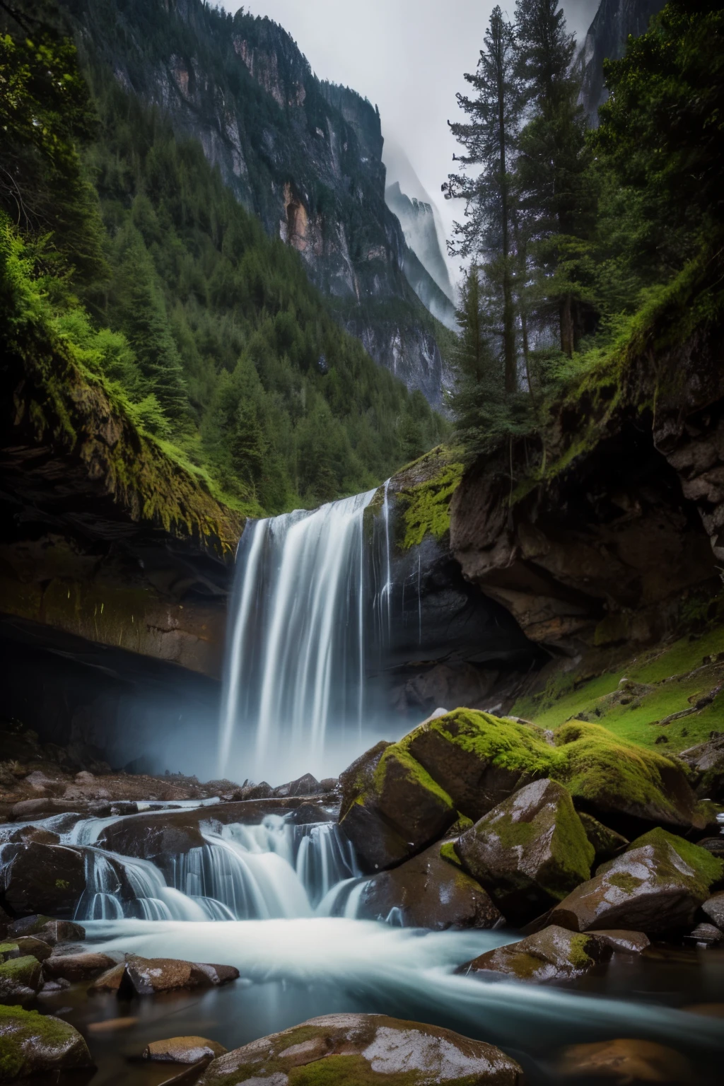 a majestic waterfall in the mountains, long exposure, realistic, impressionistic, rugged mountain landscape, dramatic lighting, misty atmosphere, crashing water, lush foliage, dramatic sky, moody tones, cinematic composition