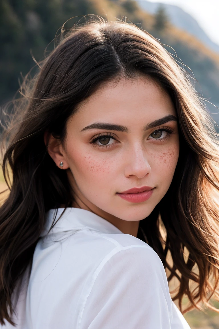 8k UHD, alta calidad , foto ultra realista cruda, professional photography , filmada con una Canon EOS 5D , Una mujer de tez blanca, con pecas, who has wavy brown hair, light brown eye color, con nariz respingada, labios gruesos y rosados.
y que el fondo de la imagen sea un paisaje de viaje