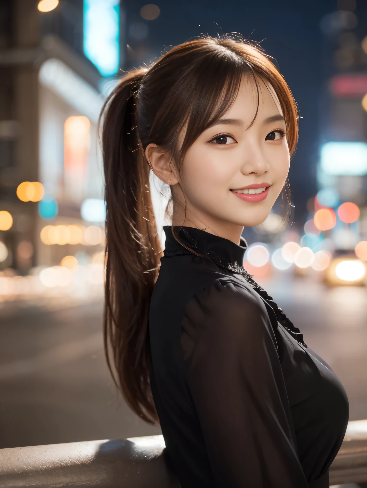 1 girl, (Wearing a black blouse:1.2), Beautiful Japanese actresses, (ponytail:1.3),
(RAW Photos, highest quality), (Realistic, Photorealistic:1.4), masterpiece,
Very delicate and beautiful, Very detailed, 2k wallpaper, wonderful,
finely, Very detailed CG Unity 8K 壁紙, Very detailed, High resolution,
Soft Light, Beautiful detailed girl, Very detailed目と顔, Beautiful and detailed nose, Beautiful and detailed, Cinema Lighting,
break
(Snowy night cityscape as background 1.3), City lights,
Perfect Anatomy, Slender body, smile, Face the front completely, Looking at the camera