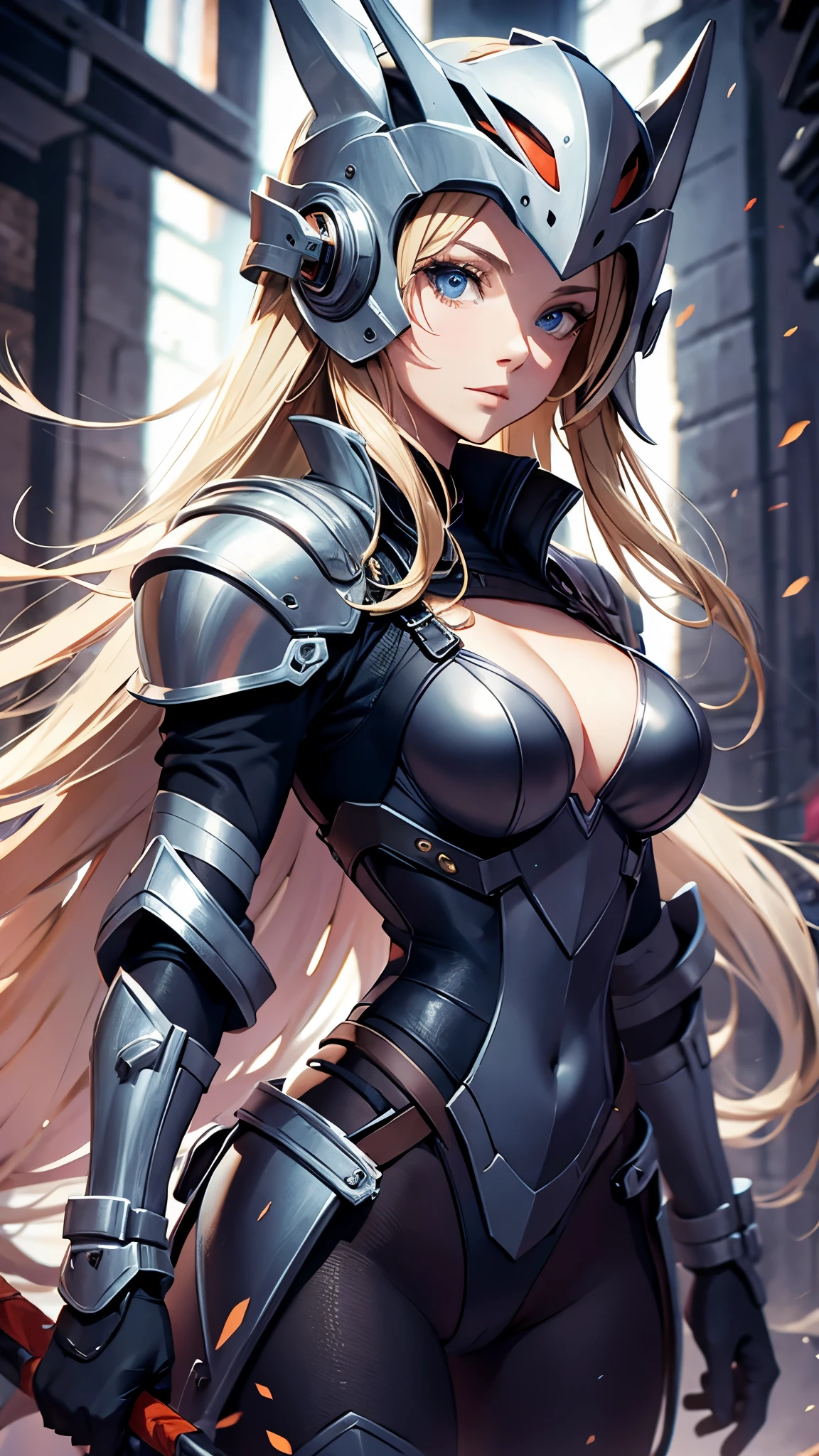 1 30-year-old woman、Blonde long hair、Knight Commander、leotard、wearing a helmet、Holding a sword